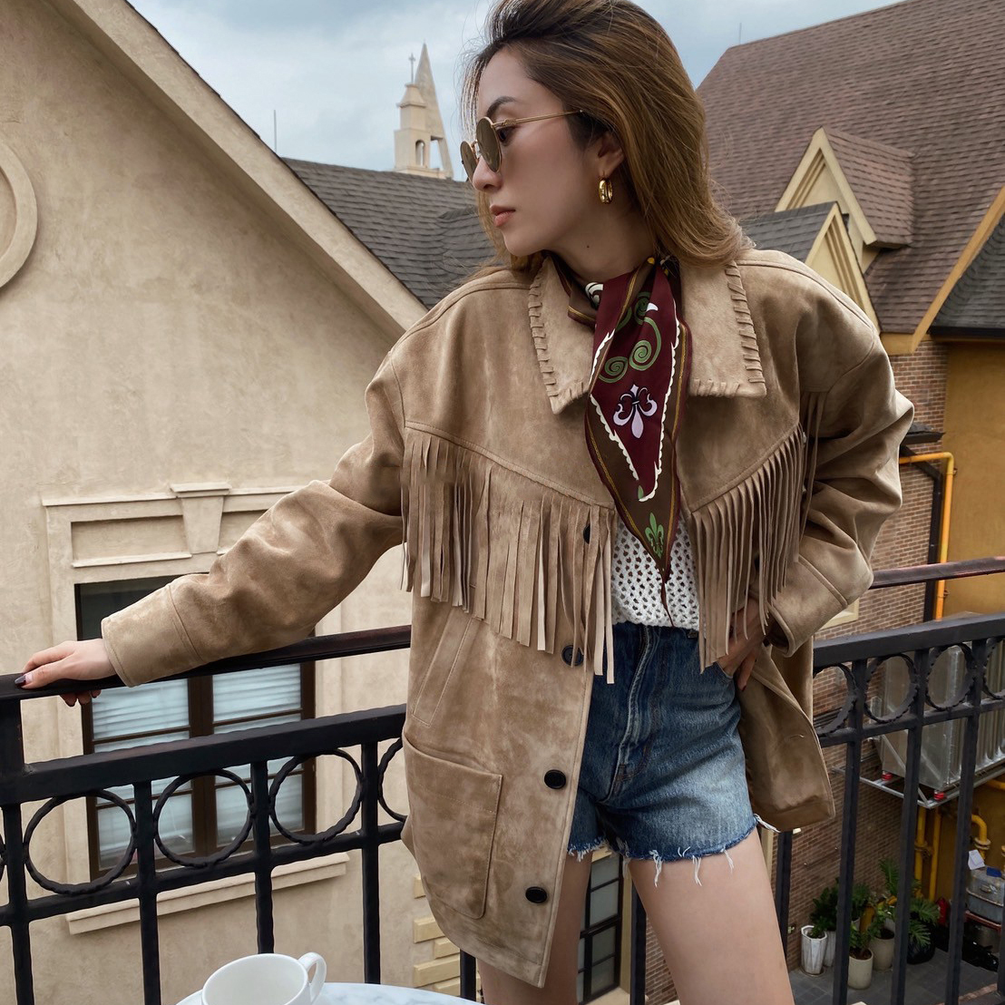 焦糖色系流蘇造型寬鬆感麂皮外套-XS-L (Elegant & Love)