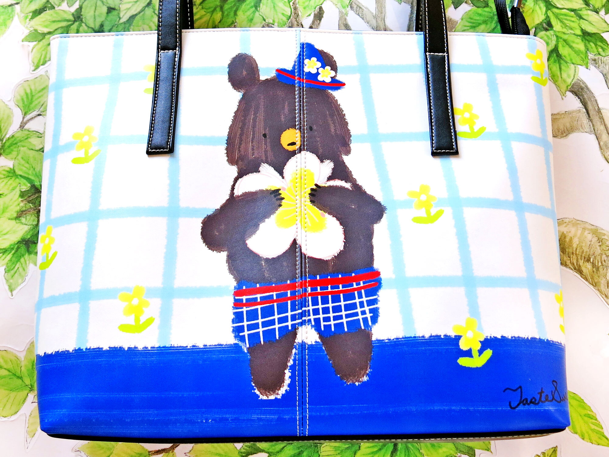 梅花熊藍格紋側背包