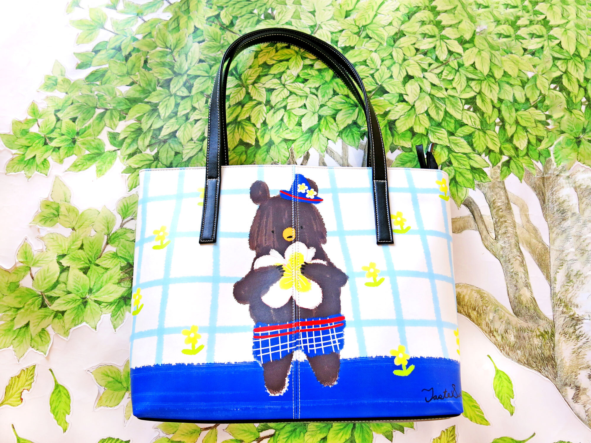 梅花熊藍格紋側背包