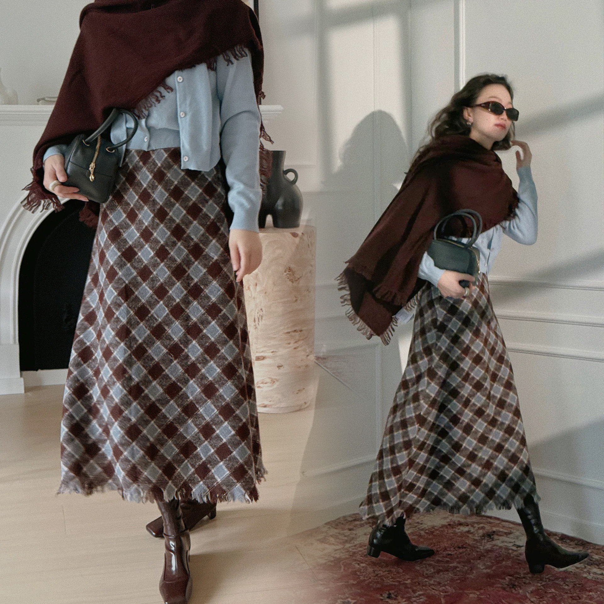 藍咖配色格紋下擺流蘇造型長裙-S-L (Elegant & Love)