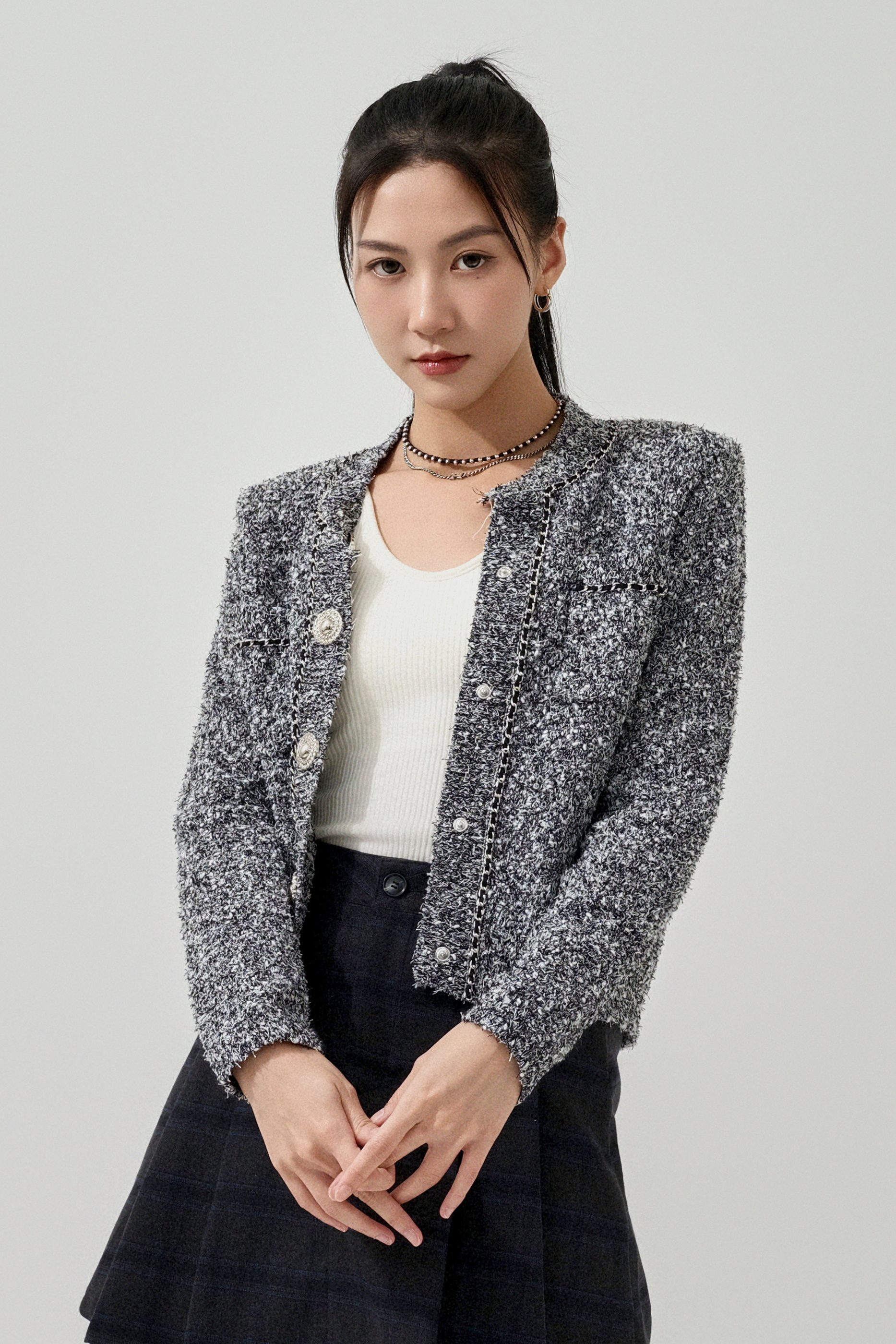仿tweed混珠片針織cardigan (預購產品）
