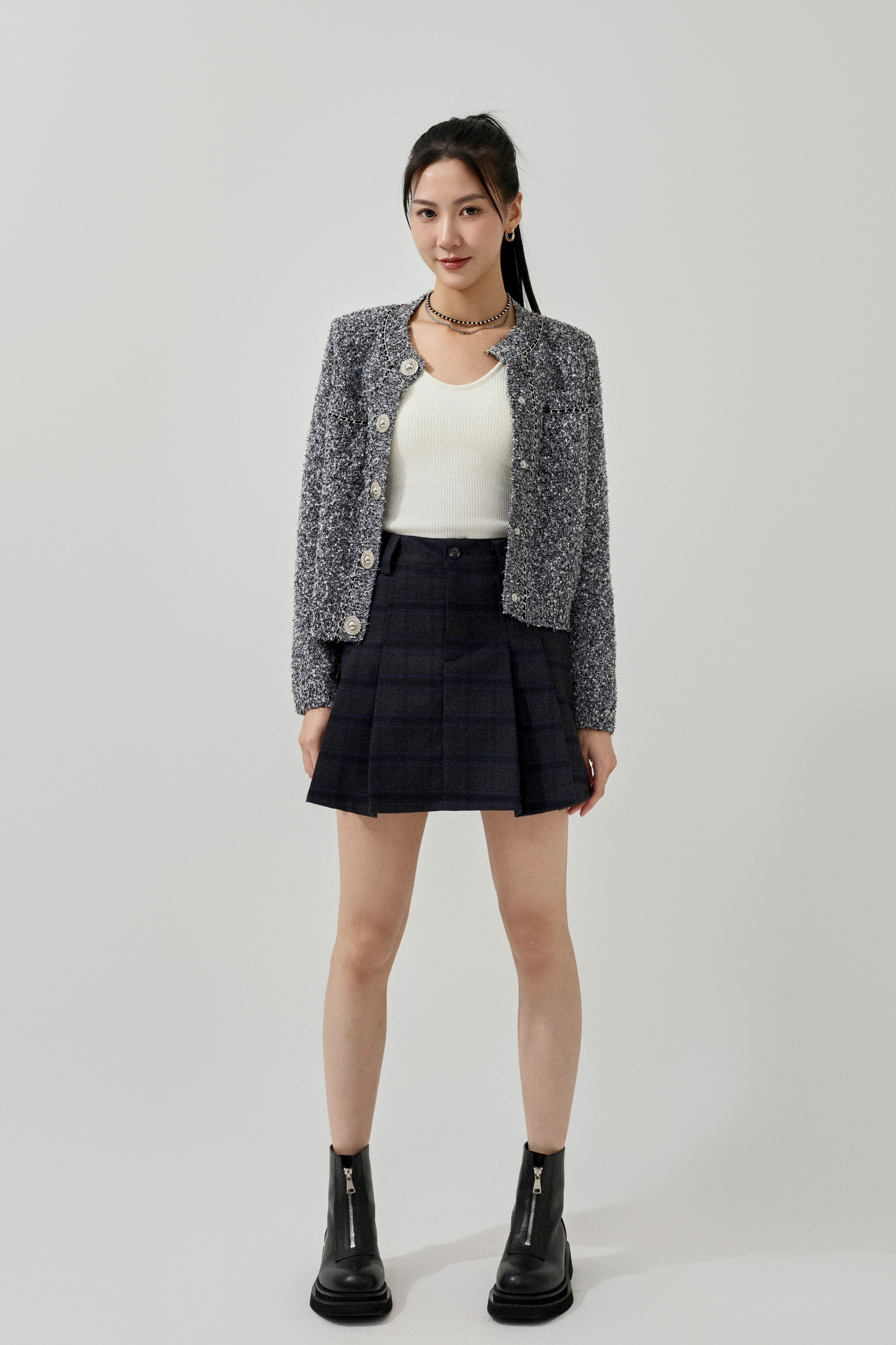 仿tweed混珠片針織cardigan (預購產品）