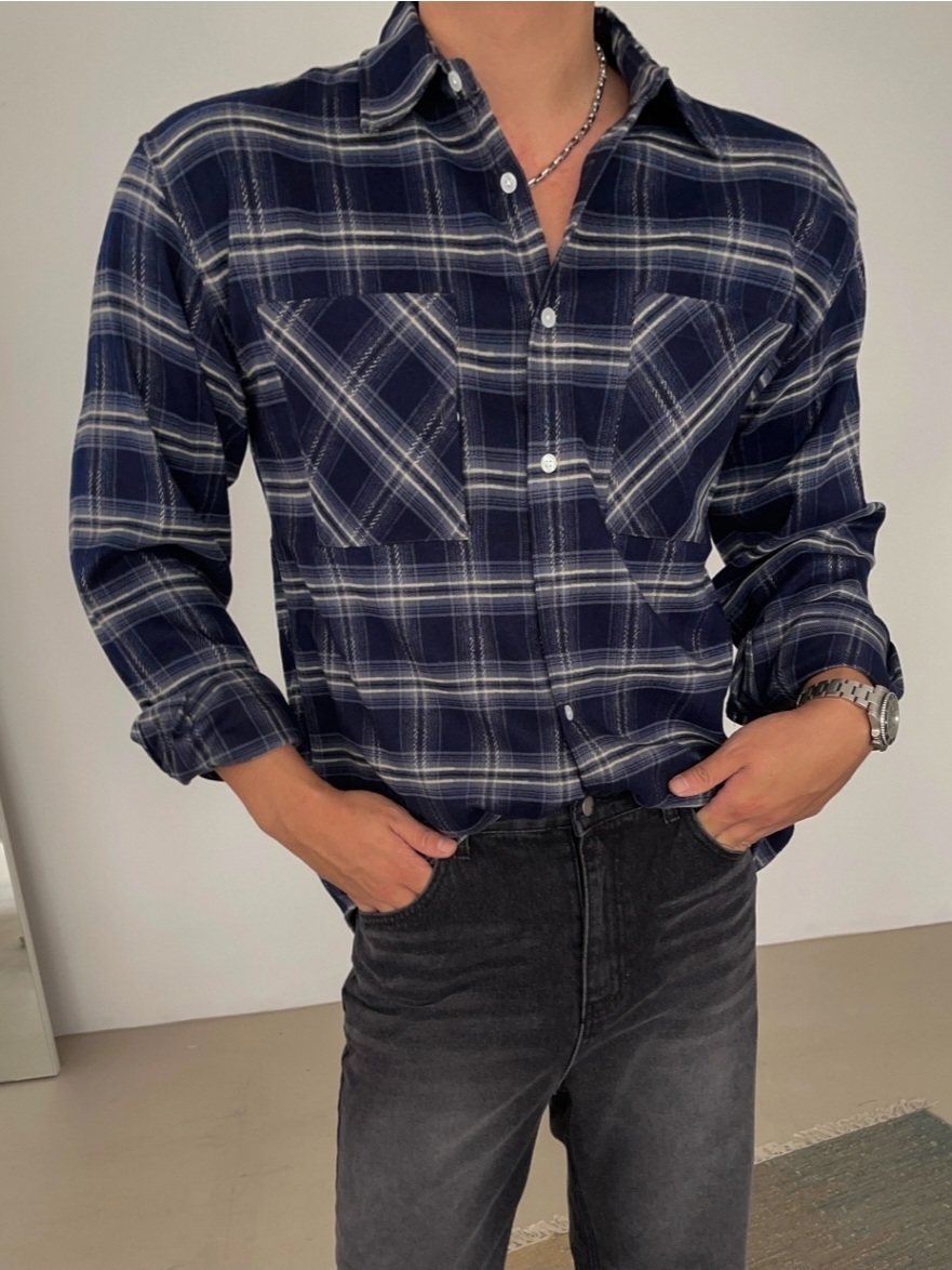 不規則口袋格紋襯衫