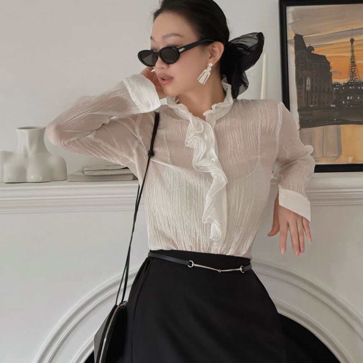 雲朵白立體荷葉滾邊微透感立領上衣-XS-L (Elegant & Love)