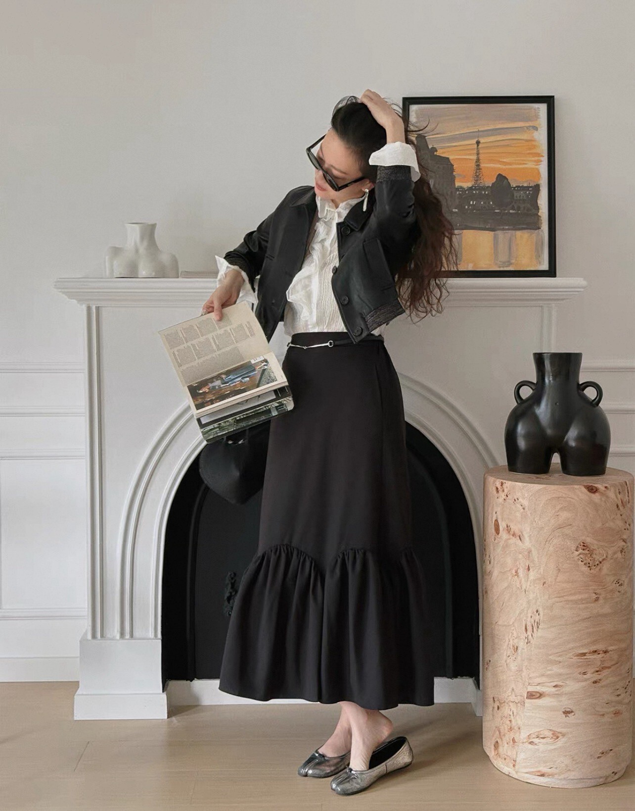 經典黑復古縮腰翻領排釦皮衣外套-XS-L (Elegant & Love)