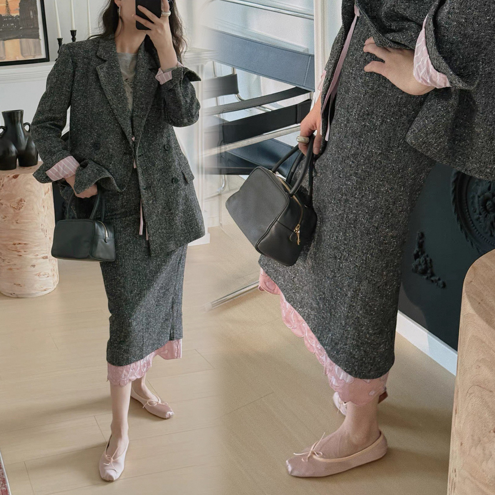 灰粉配色毛呢西裝外套+兩件式長裙-XS-L (Elegant & Love)