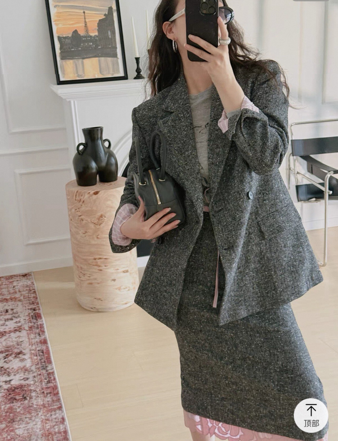 灰粉配色毛呢西裝外套+兩件式長裙-XS-L (Elegant & Love)