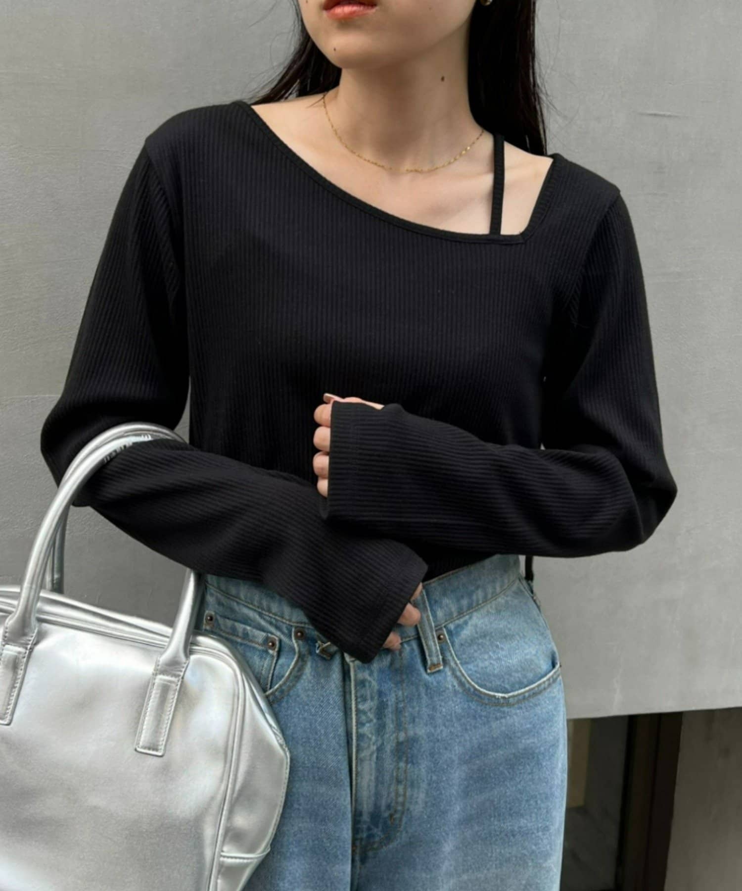 CIAOPANIC TYPY(チャオパニックティピー)  W【WEB限定】アシメネックリブロンTee黑衣（TYZ1052206A0013）