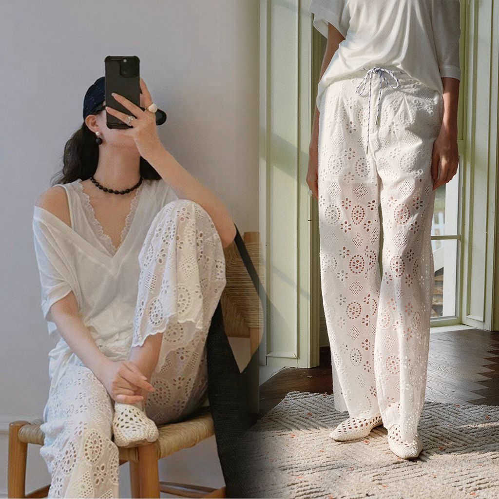 綁帶造型鏤空雕花蕾絲直筒褲長褲-XS-L / 2色 (Elegant & Love)