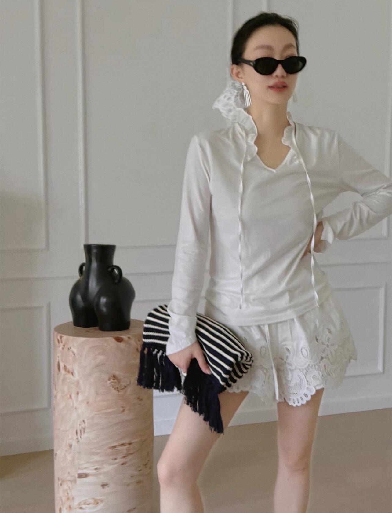 雲朵白雙面穿立領/V領荷葉滾邊上衣-XS-L (Elegant & Love)