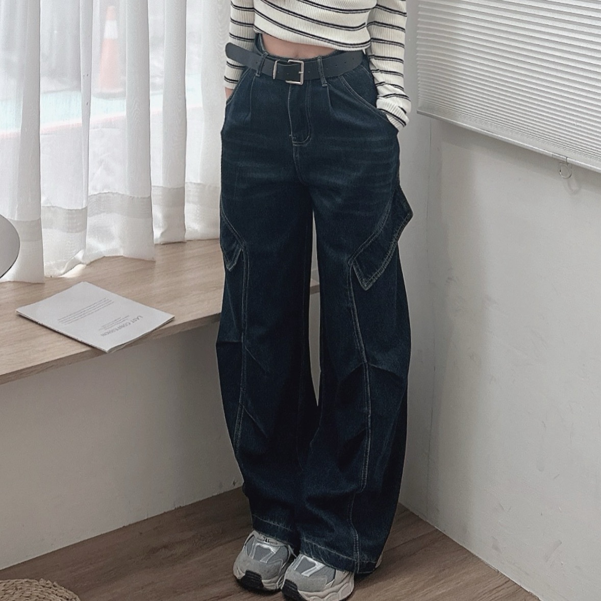 復古車線雙口袋牛仔寬褲/單色