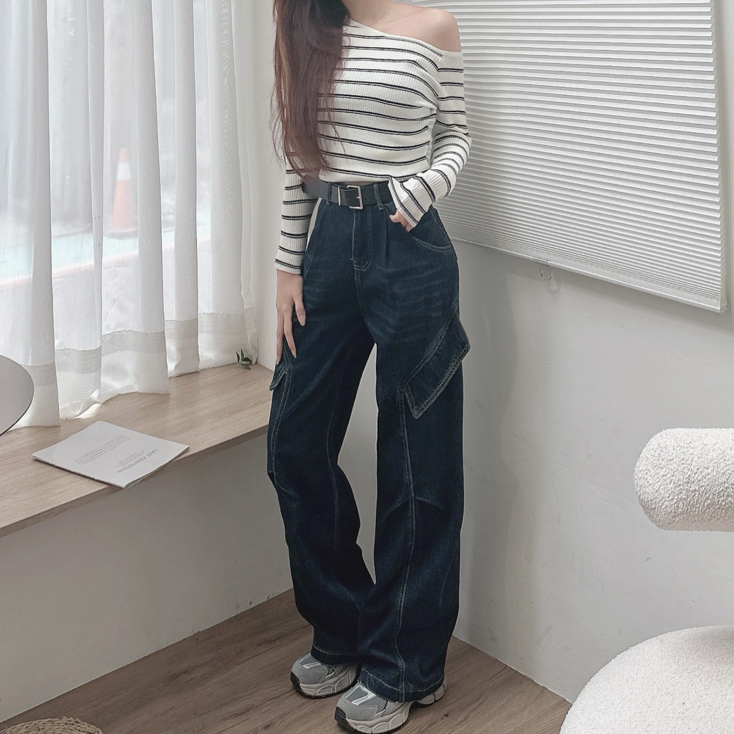 復古車線雙口袋牛仔寬褲/單色