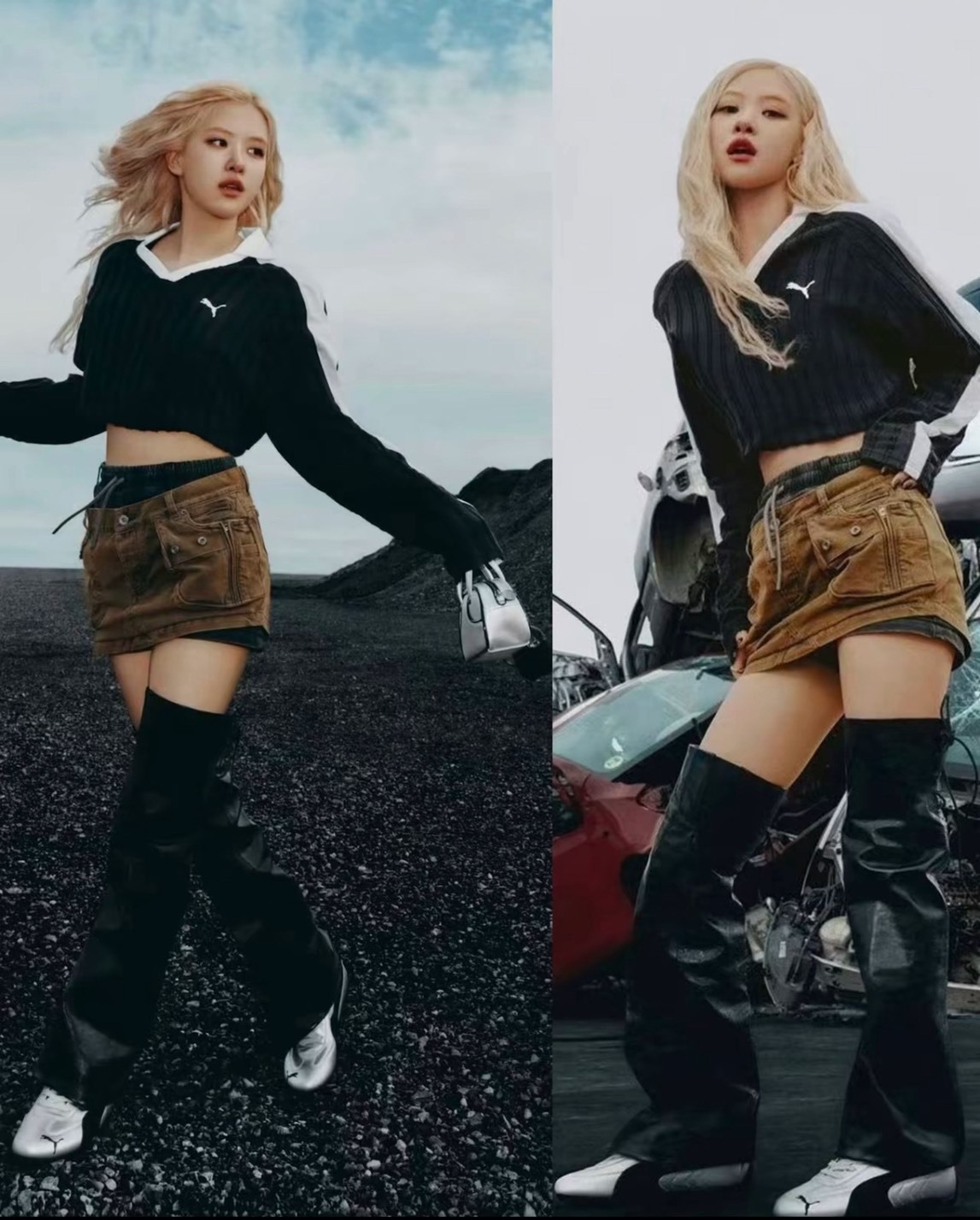 【PUMA 彪馬】T7 V領運動條紋翻領 短款長袖 Polo衫｜男女同款 黑色 634528-01