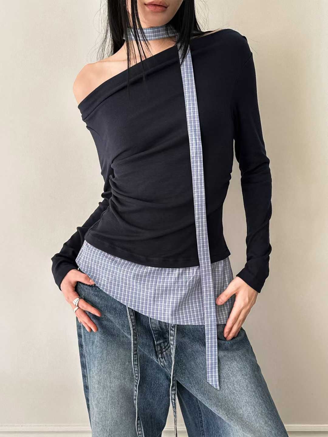 25F210 設計師款格紋拼接斜領上衣