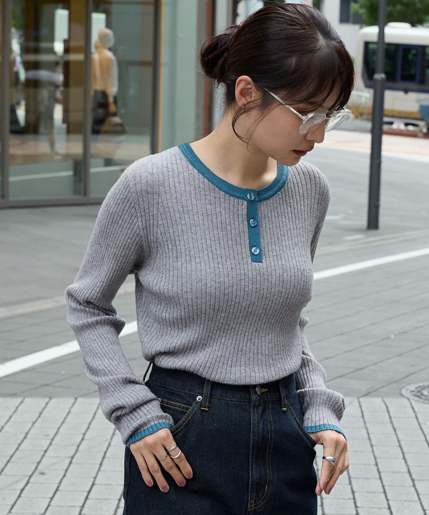 🇯🇵MONO-MART 亨利領 羅紋 針織衫 長袖 排扣 撞色 滾邊 貼身 / 預購