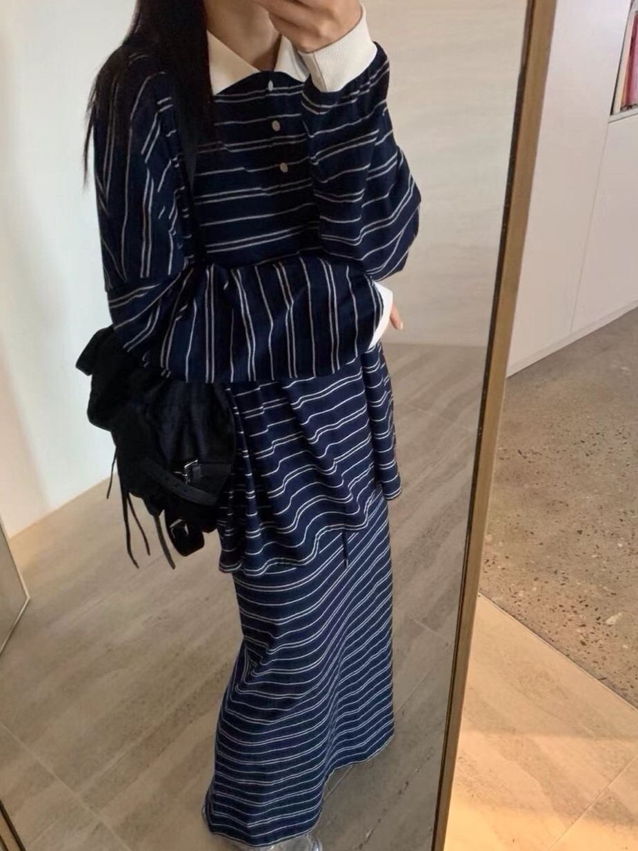 25F211 miu風條紋彈性落地棉裙