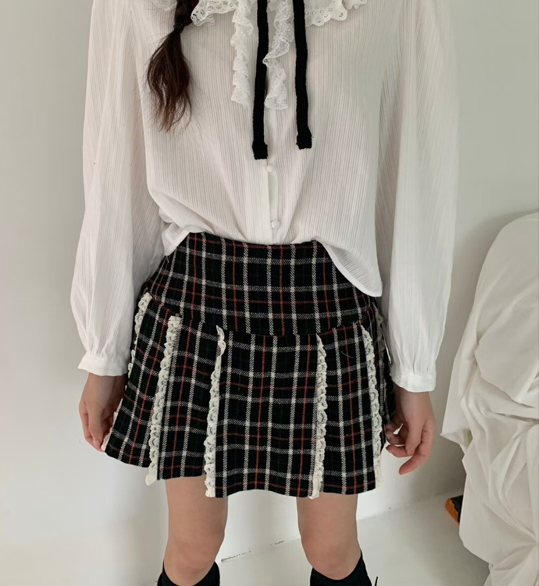 格子A字直蕾絲短裙