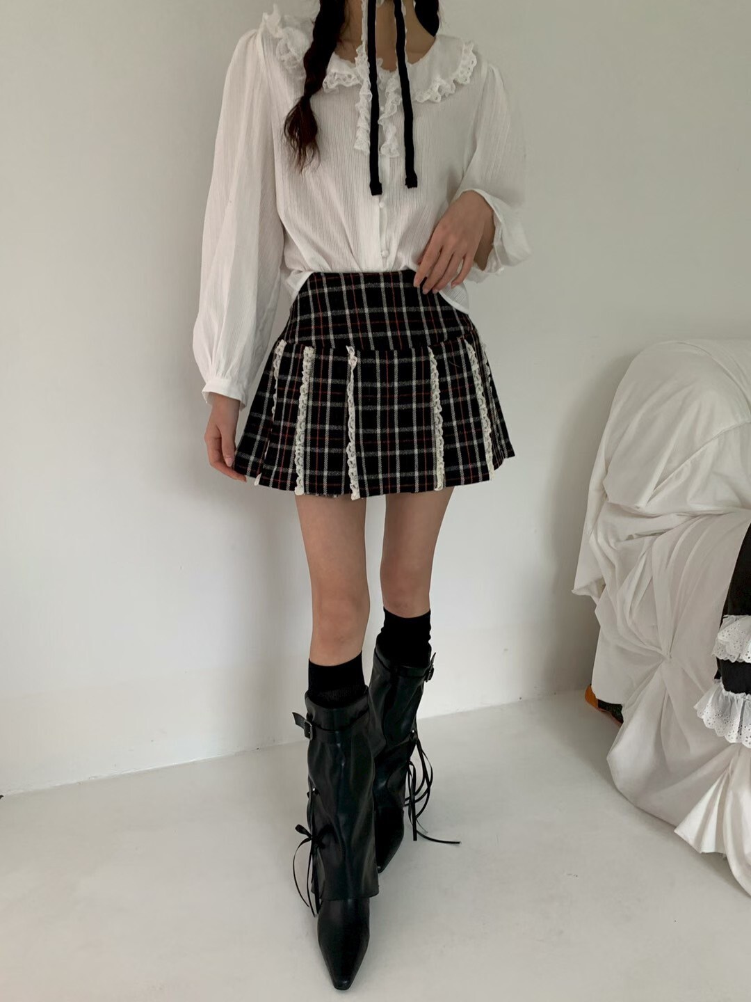 格子A字直蕾絲短裙