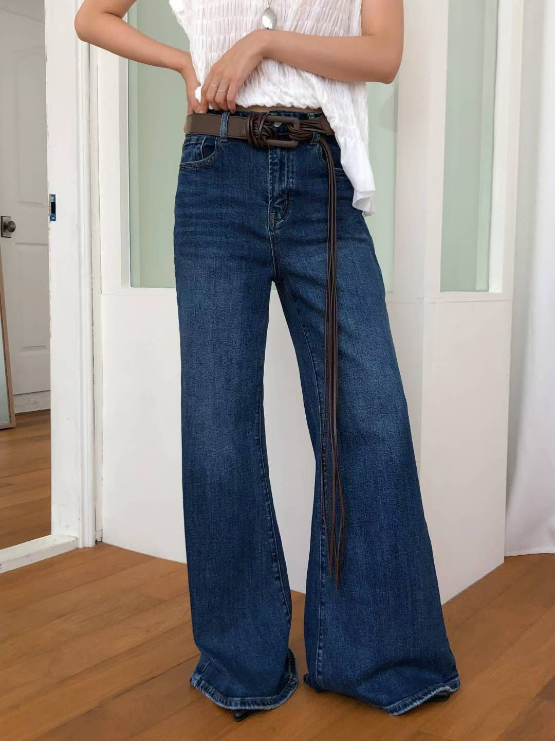 咖啡長流蘇腰帶牛仔寬長褲