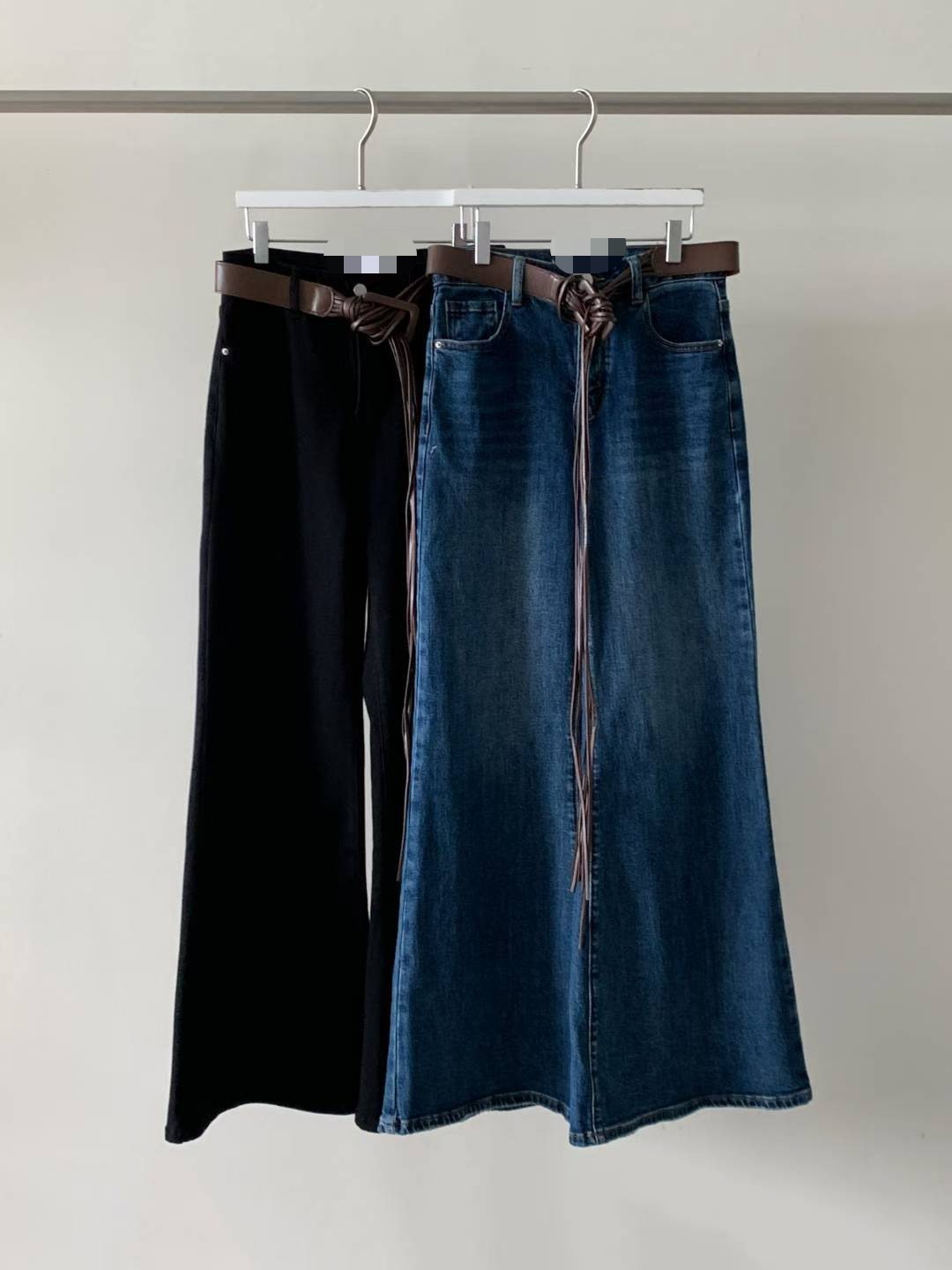 咖啡長流蘇腰帶牛仔寬長褲