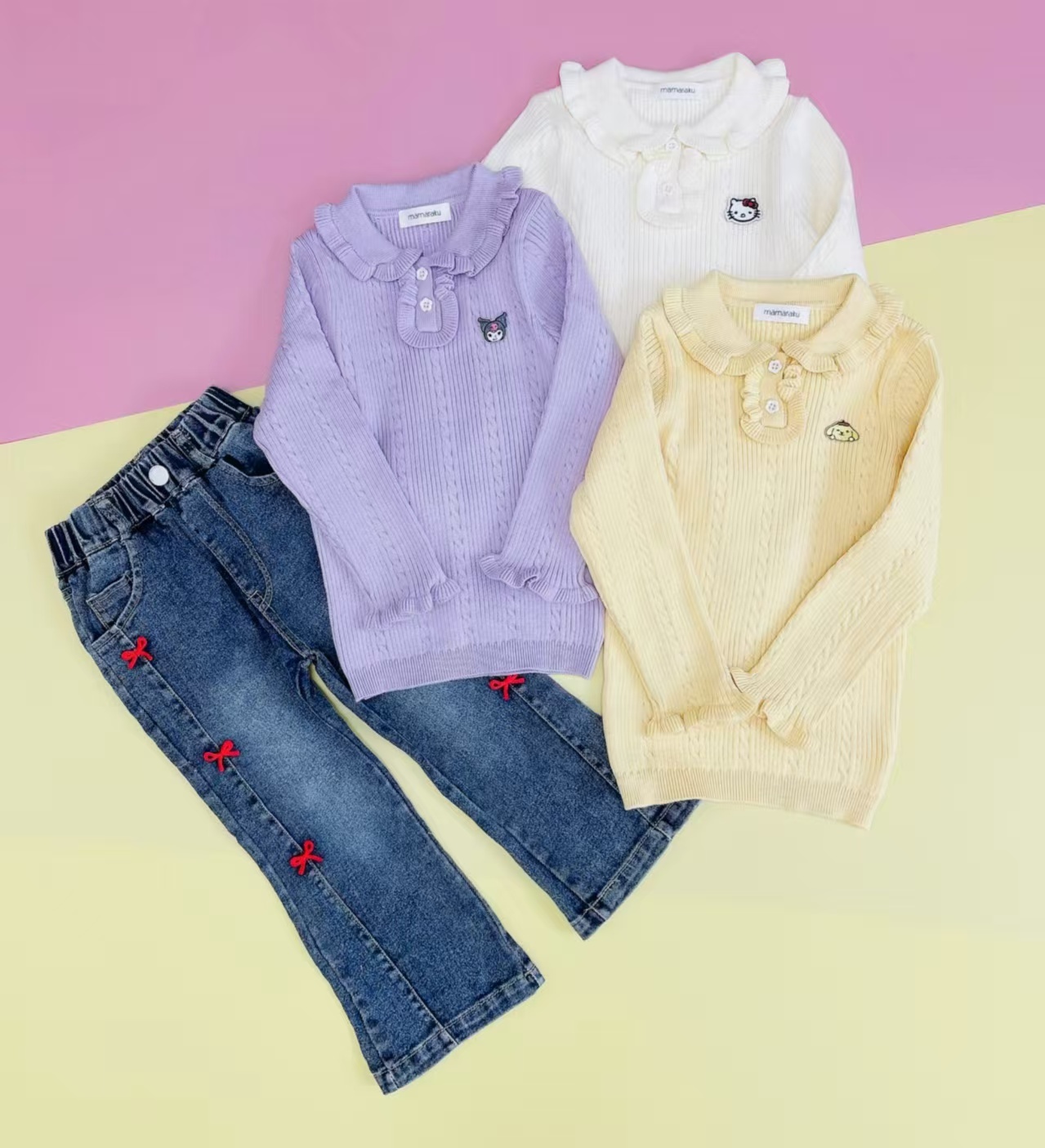 𝐌𝐚𝐦𝐚𝐫𝐚𝐤𝐮 x 𝐒𝐚𝐧𝐫𝐢𝐨 彈力針織上衣/蝴蝶結牛仔喇叭褲