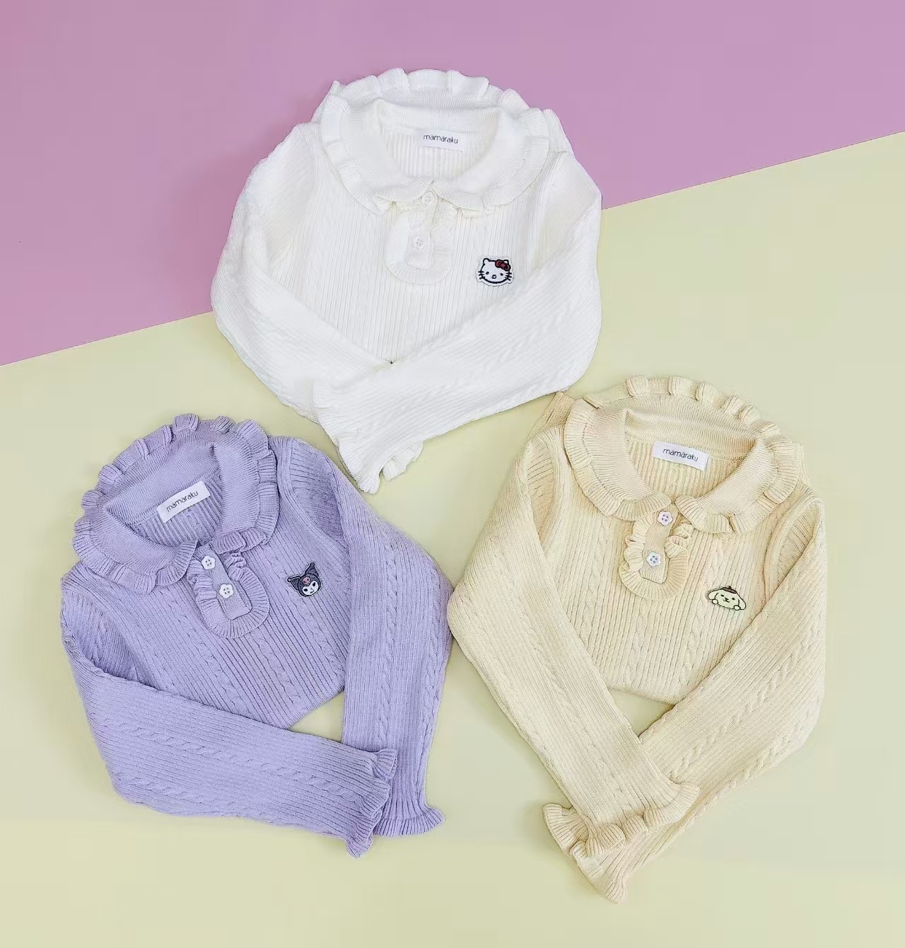 𝐌𝐚𝐦𝐚𝐫𝐚𝐤𝐮 x 𝐒𝐚𝐧𝐫𝐢𝐨 彈力針織上衣/蝴蝶結牛仔喇叭褲