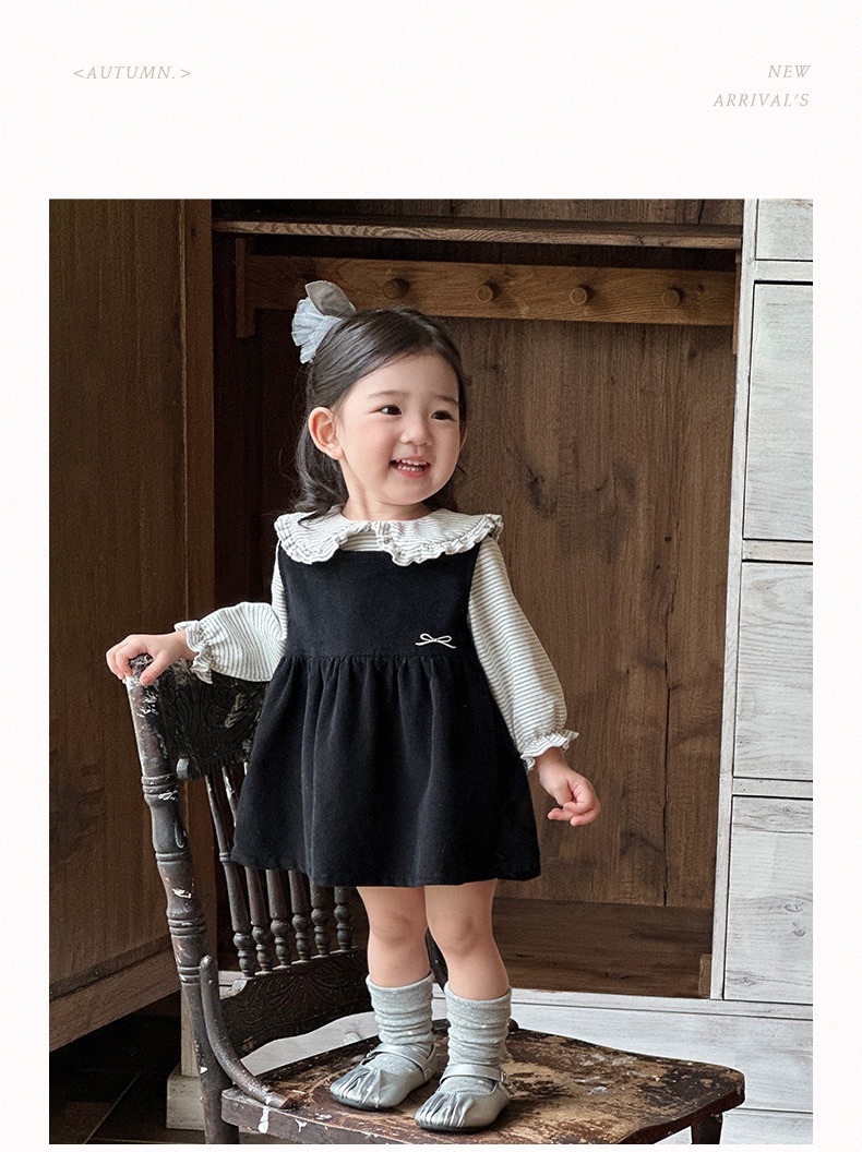 花邊領條紋上衣/刺繡蝴蝶結洋裝