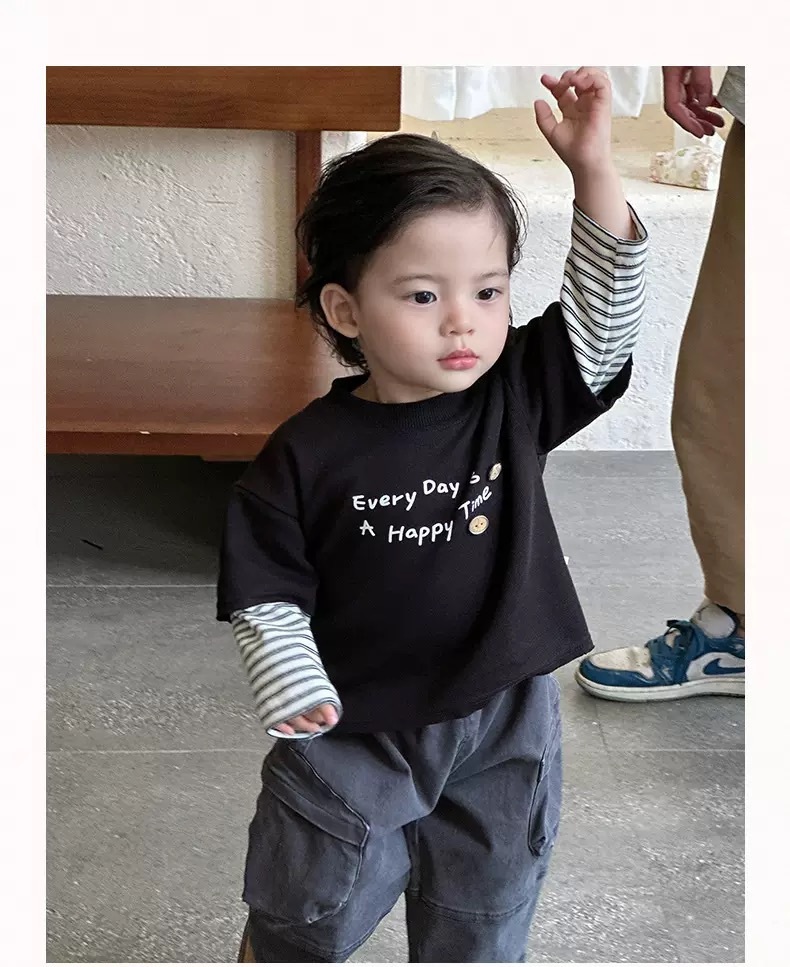 Happy time條紋假兩件上衣/煙燻工裝褲