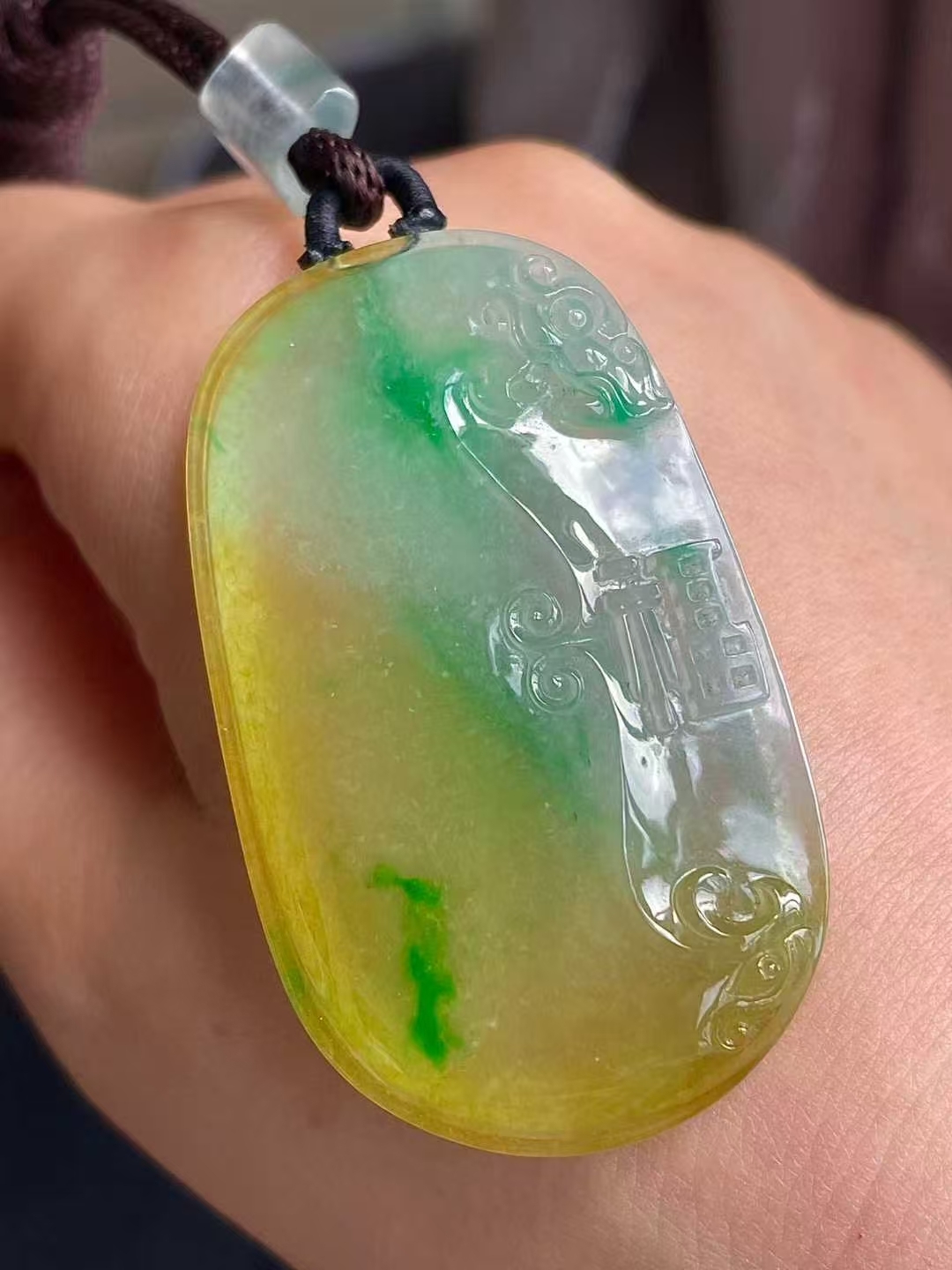 翡翠冰黃加綠福牌吊墜,天然翡翠A玉, 緬甸玉, Jade, Jadeite