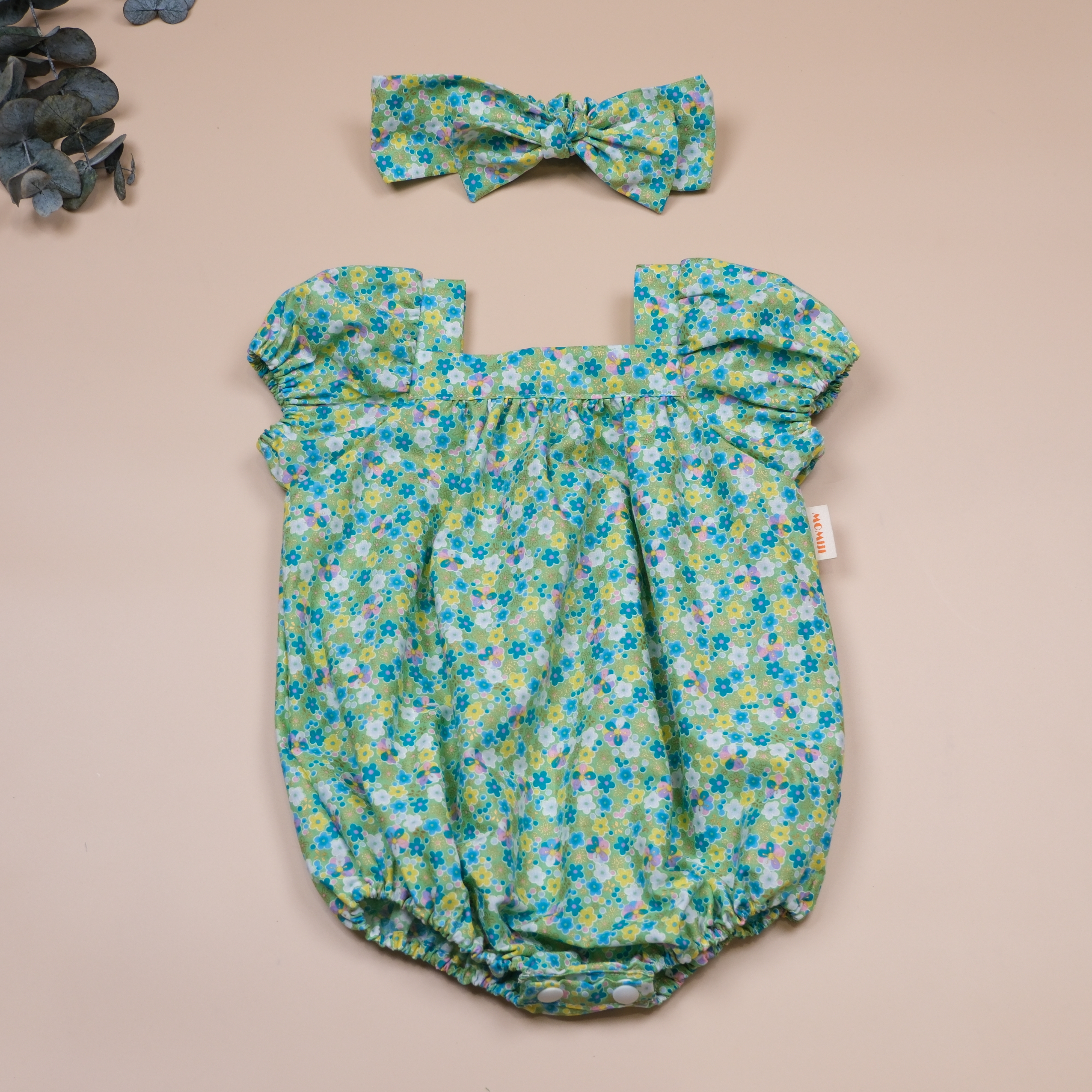 圓夢寶盒系列 ✪ 珠光花卉綠 ✪ 手作嬰幼兒包袖包屁衣