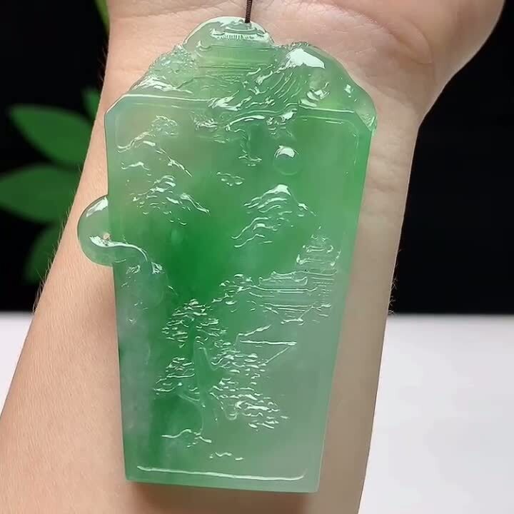 翡翠飄綠意境人物山水牌,天然翡翠A玉, 緬甸玉, Jade, Jadeite