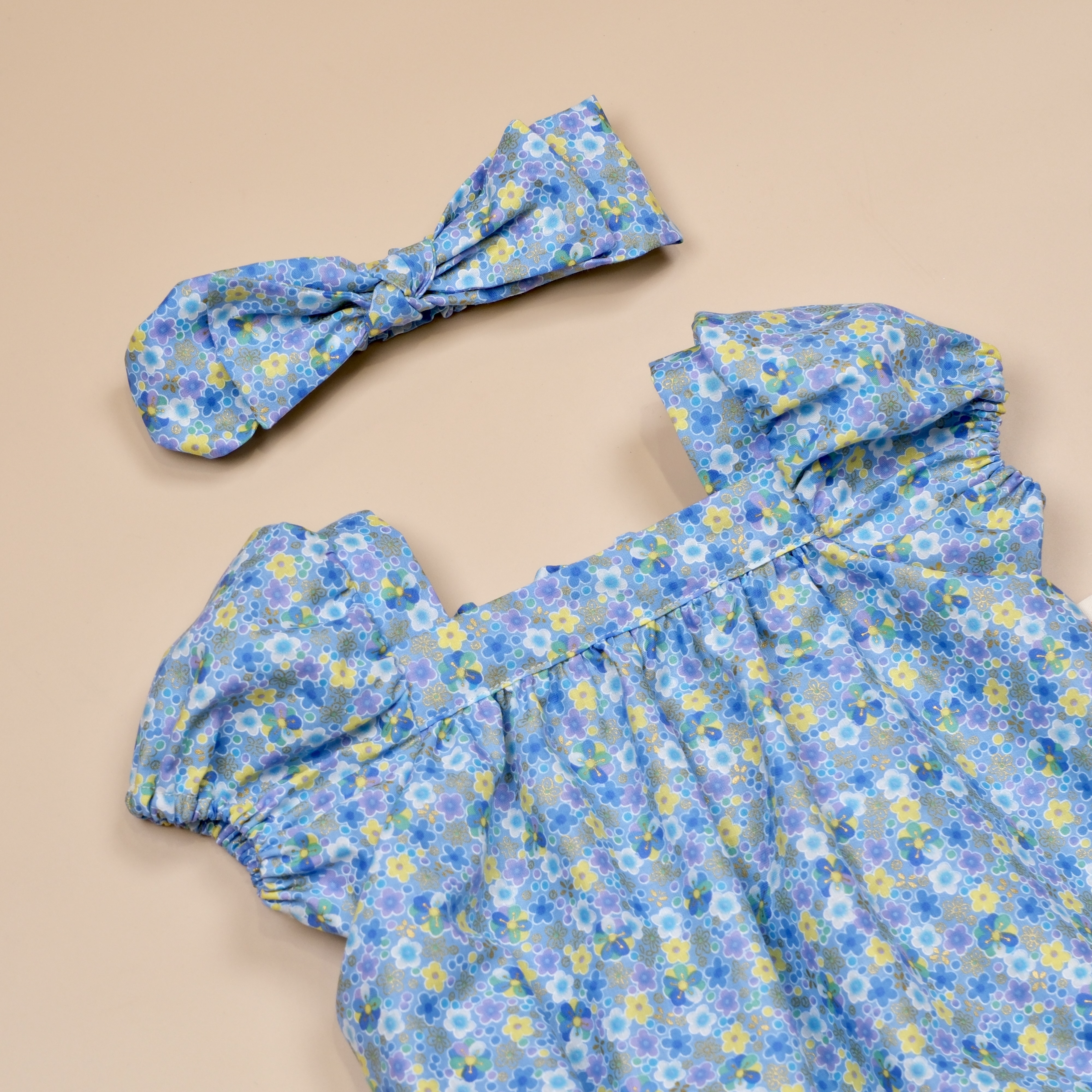 圓夢寶盒系列 ✪ 珠光花卉藍 ✪ 手作嬰幼兒包袖包屁衣