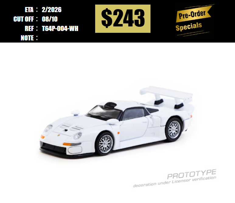 PO-$243 * TARMAC * 1:64 Porsche 911 GT1 White Model Car + Trading Cards Combo Set [OD27/09]