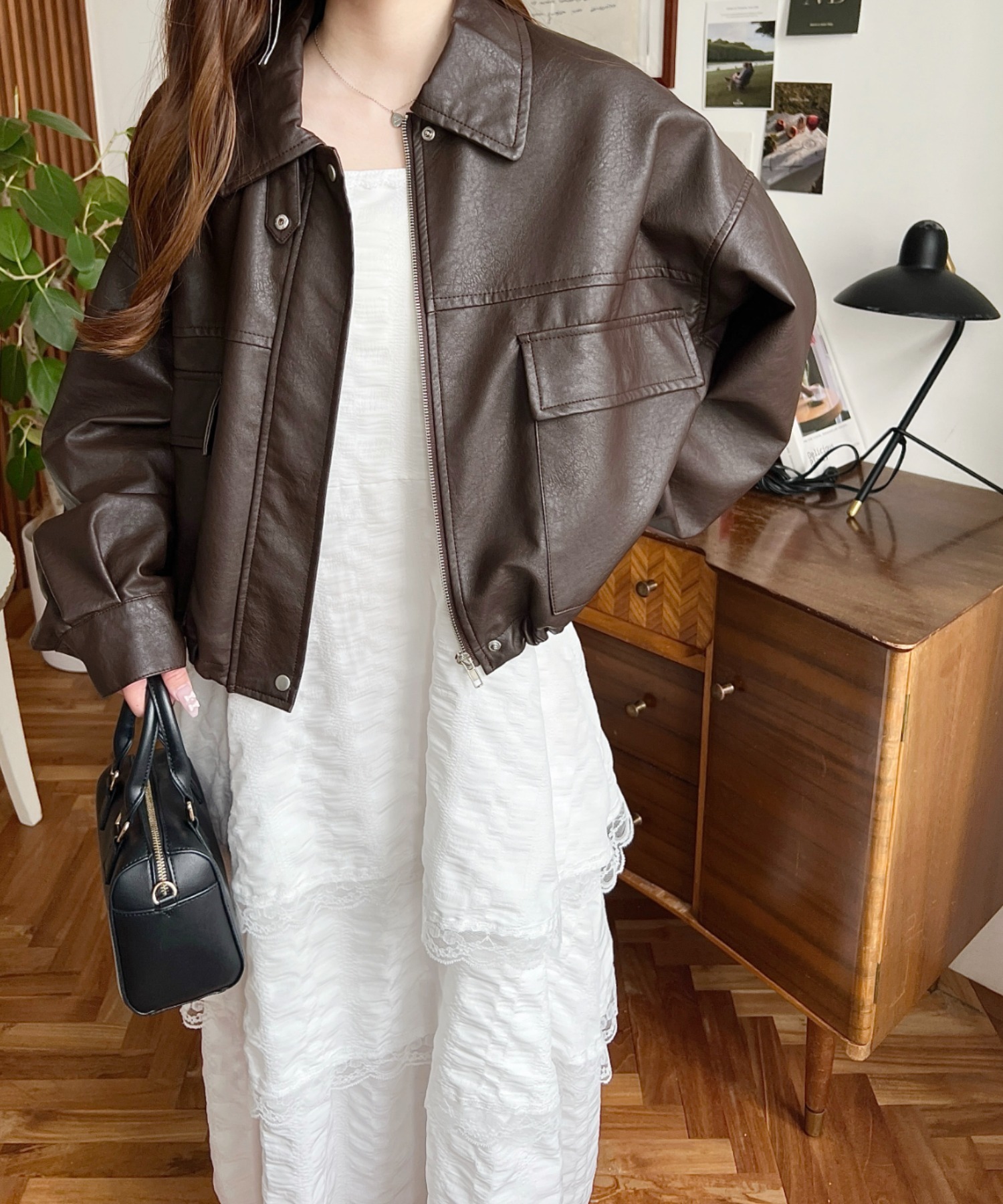 🇯🇵  MOMENT+ 短版 仿皮夾克 皮外套 抽繩 立領 / 預購