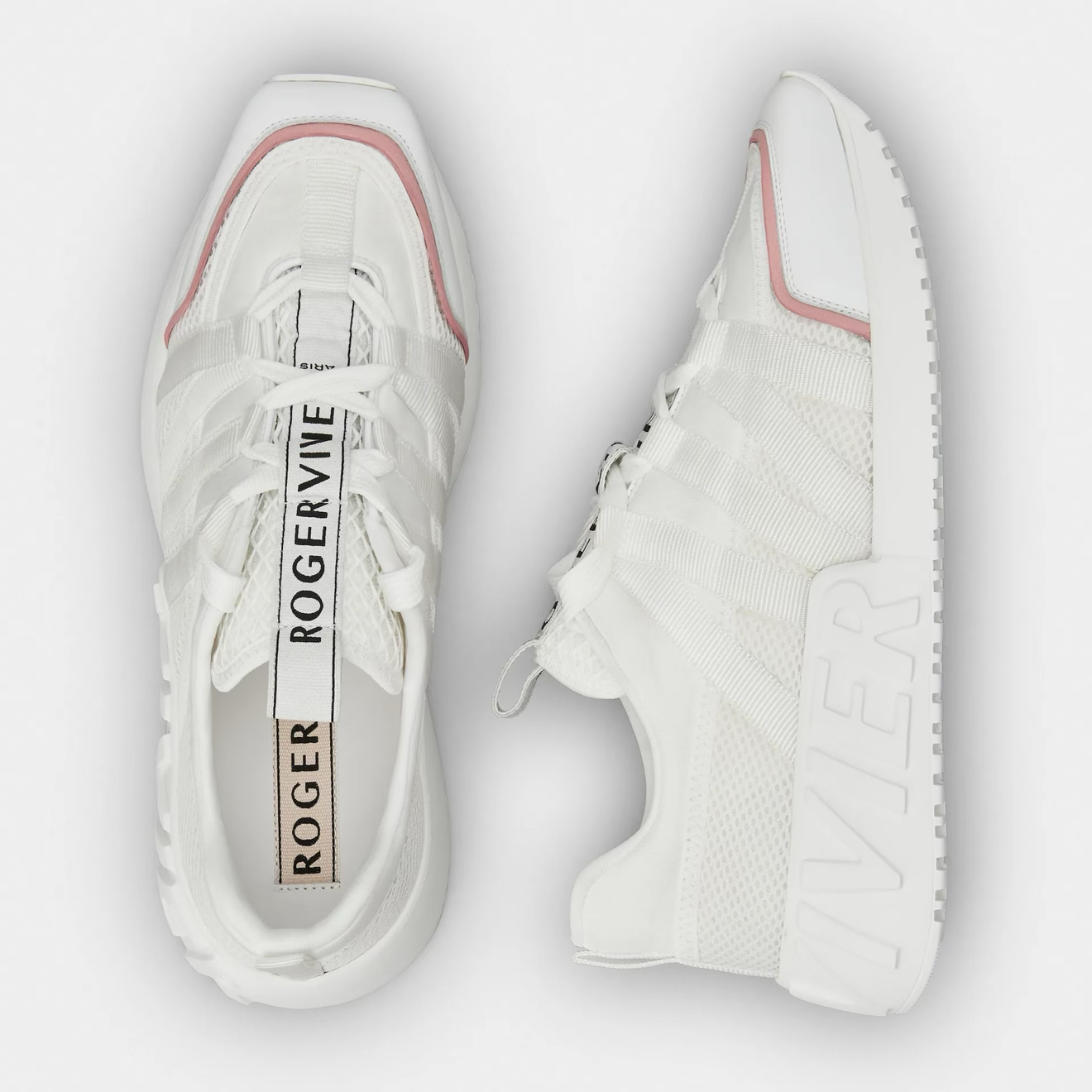 Roger Vivier Viv Go Lace Up Sneakers in Technical Fabrics white pink