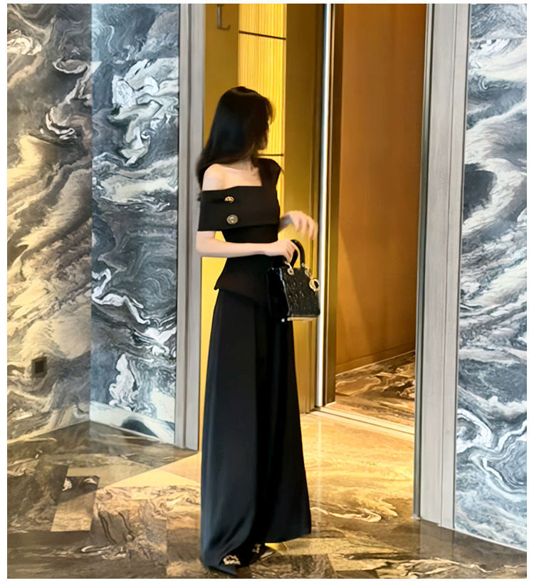 不對稱翻領+高腰寬褲(2件組)(黑/白)