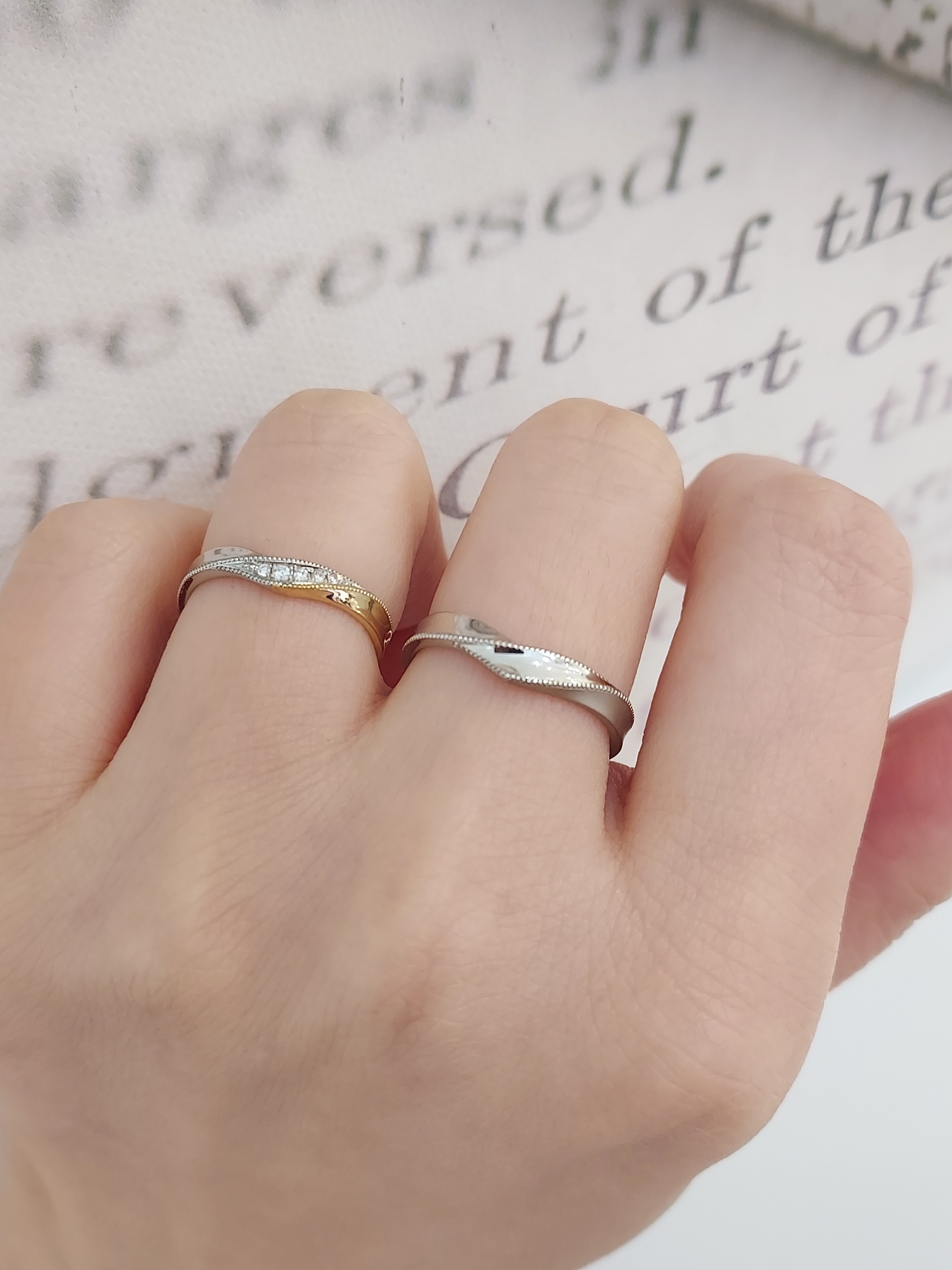 日本PT900鉑金/18K香檳金/18K白金天然鑽石結婚戒指 - 喜び