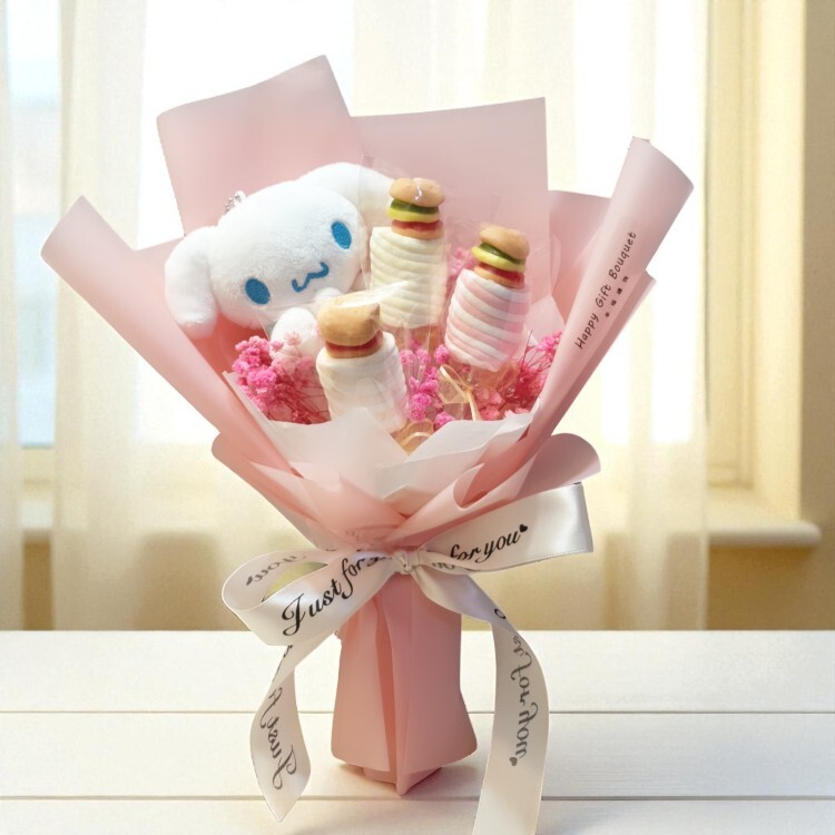 玉桂狗大頭狗粉色漢堡糖棉花糖乾燥花花束,幸福禮物婚禮小物,Burger Fudge Marshmallow Bouquet-blue