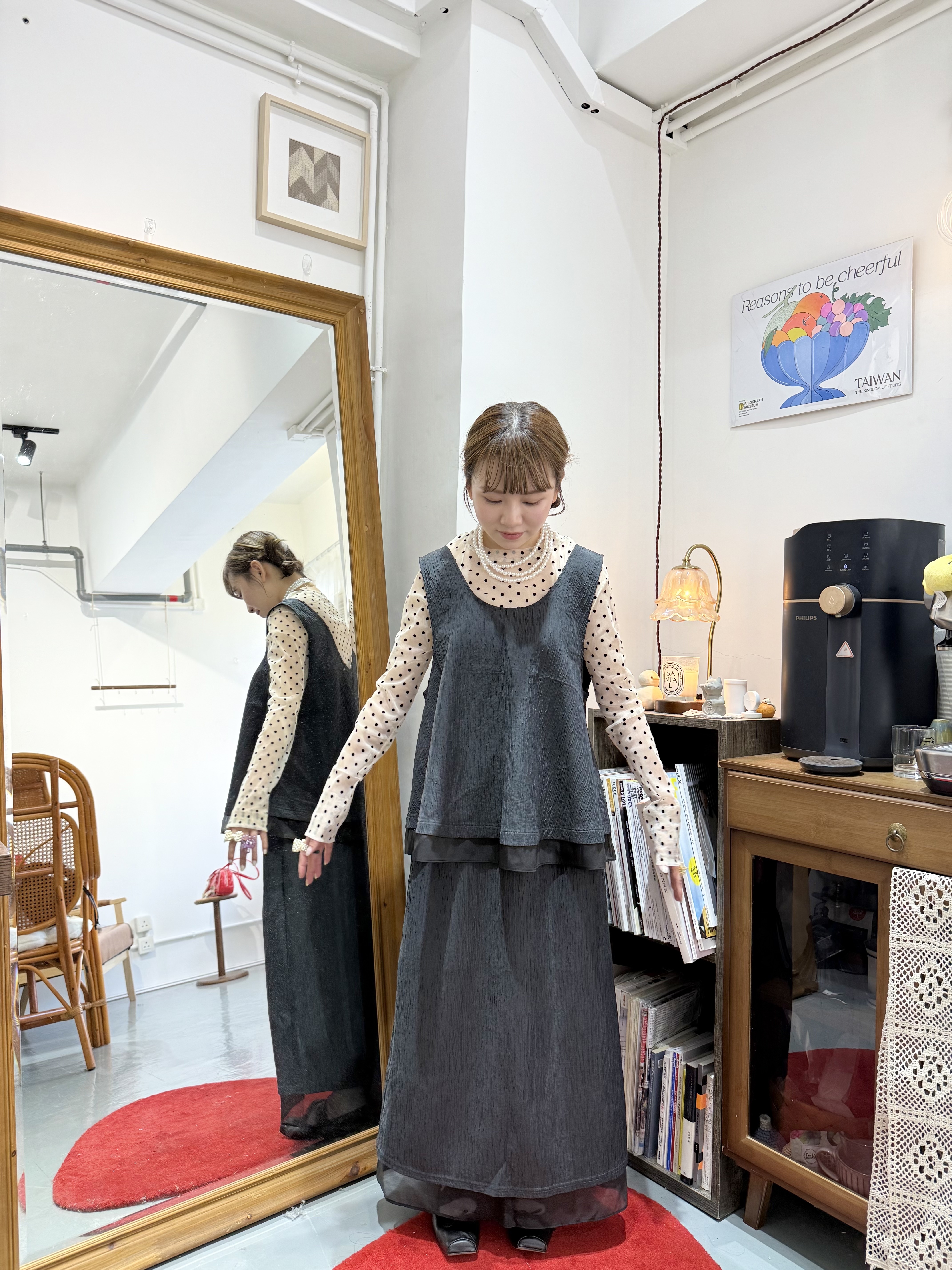 壓摺紋拼紗大U傘形背心