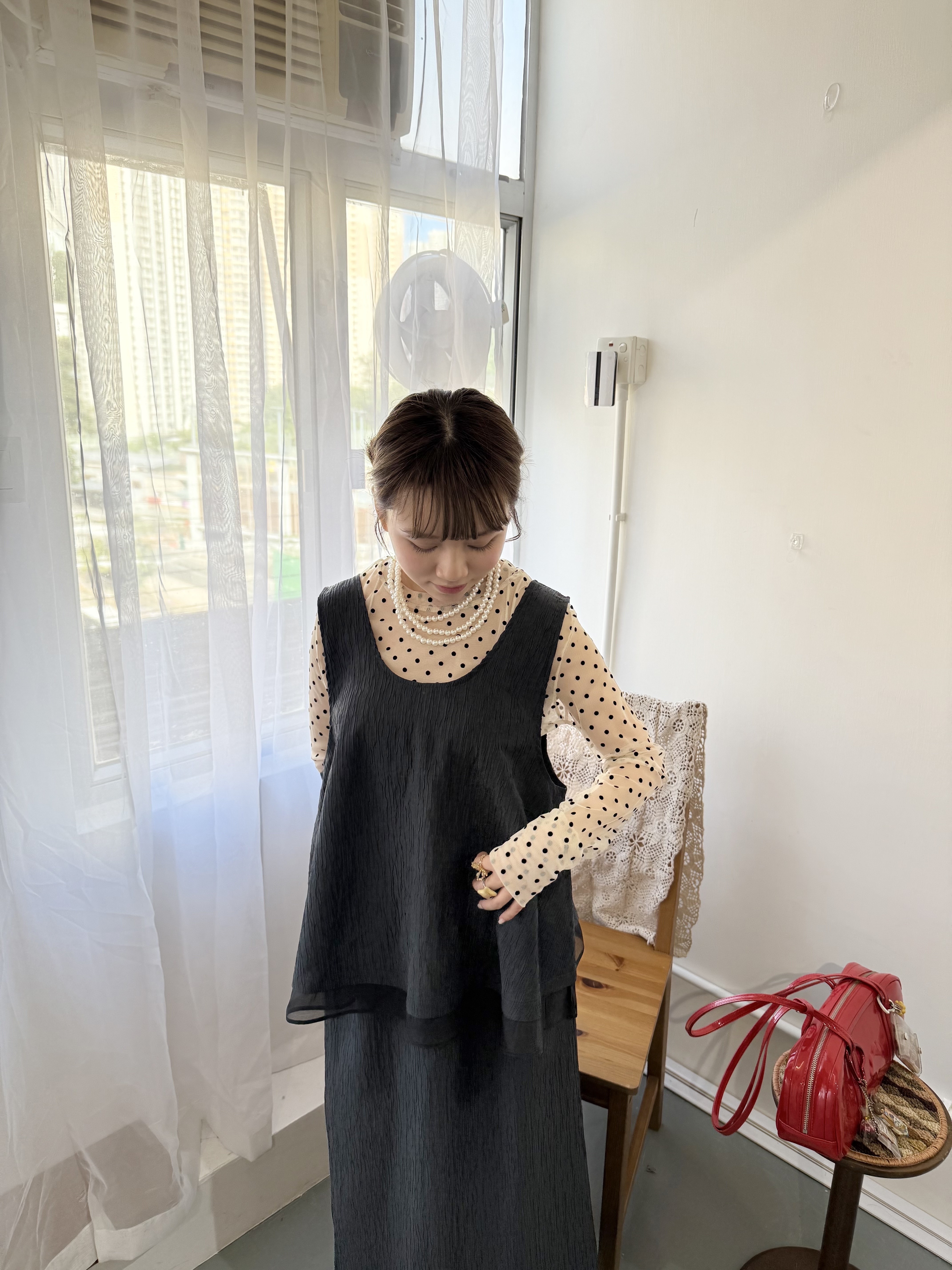 壓摺紋拼紗大U傘形背心