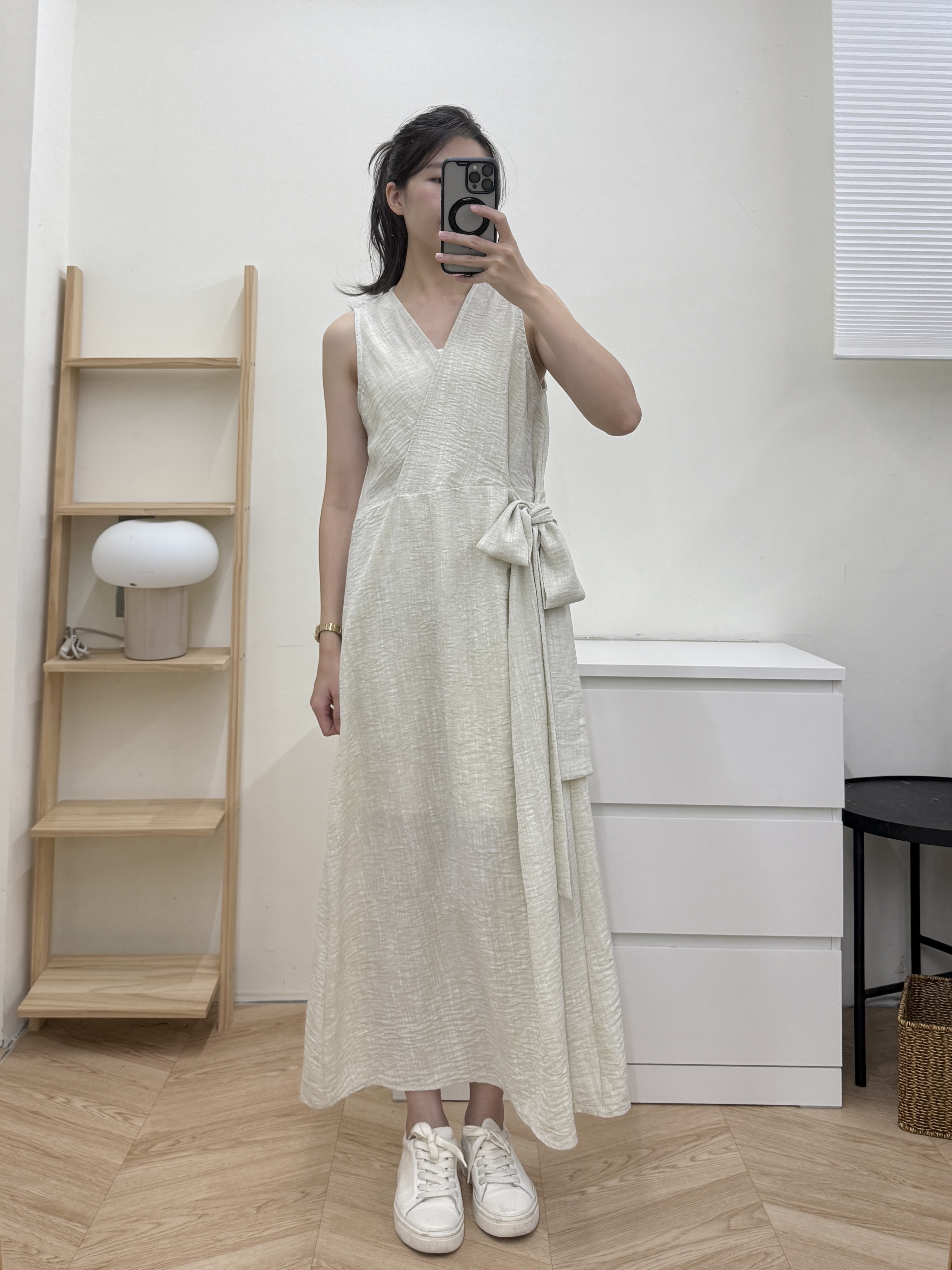 麻感綁帶背心洋裝