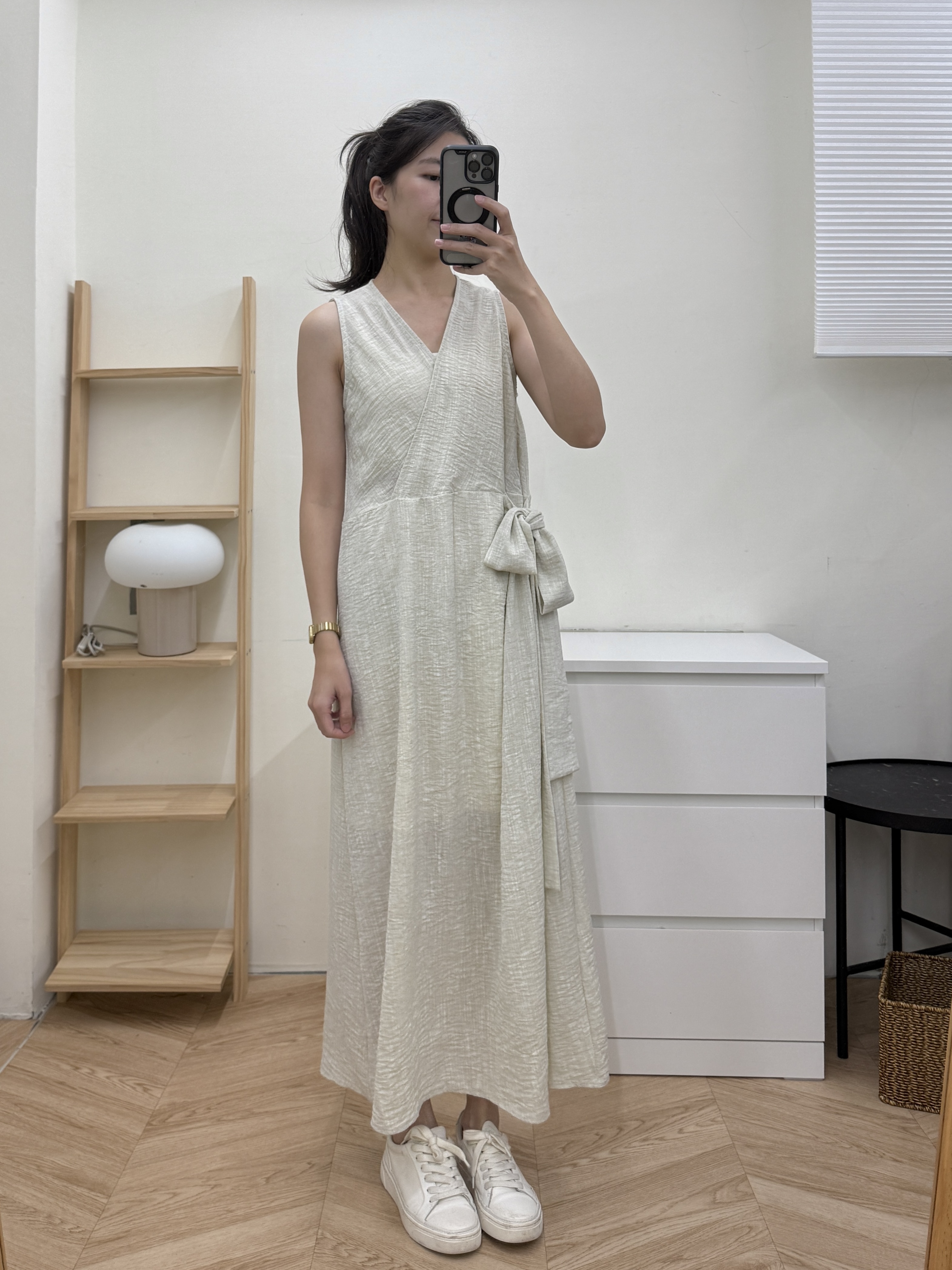 麻感綁帶背心洋裝