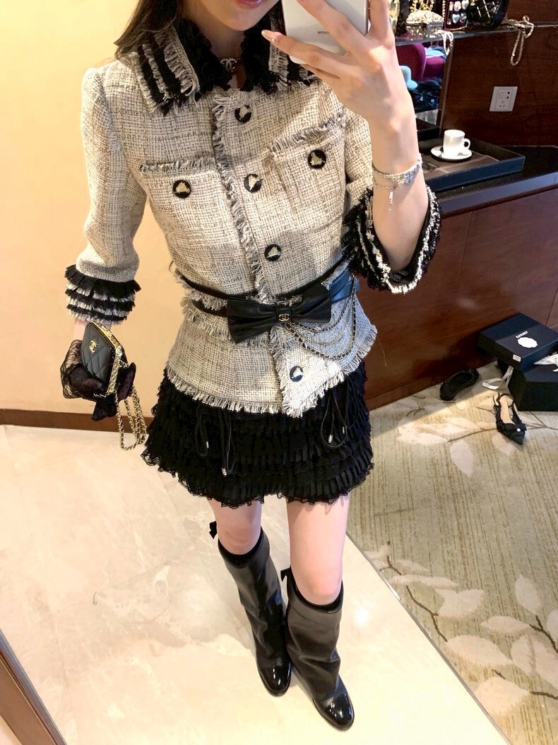 設計師家香風同款邊條流蘇七分袖香風毛呢外套上衣