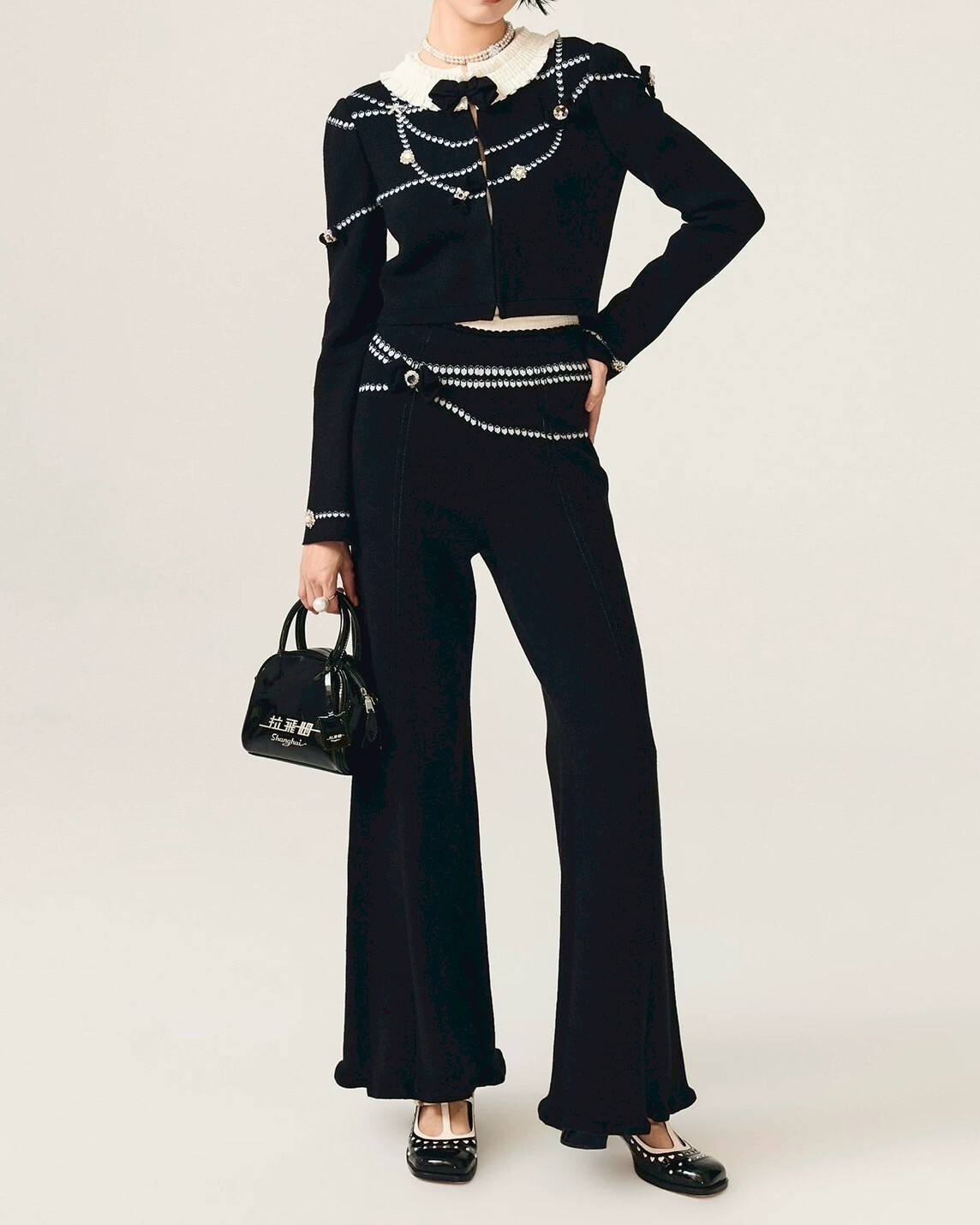 設計師家針織珍珠項鍊感彩寶蝴蝶上衣外套+30%羊毛褲頭織珍珠褲鏈感長褲