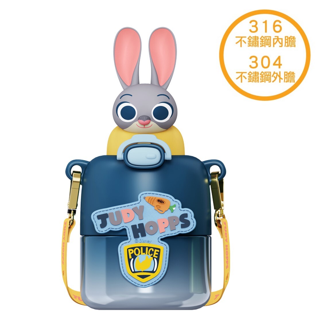 迪士尼優獸大都會| 便攜式背帶 3D兒童真空冷熱保溫杯|朱迪(430ml)(連飲管)