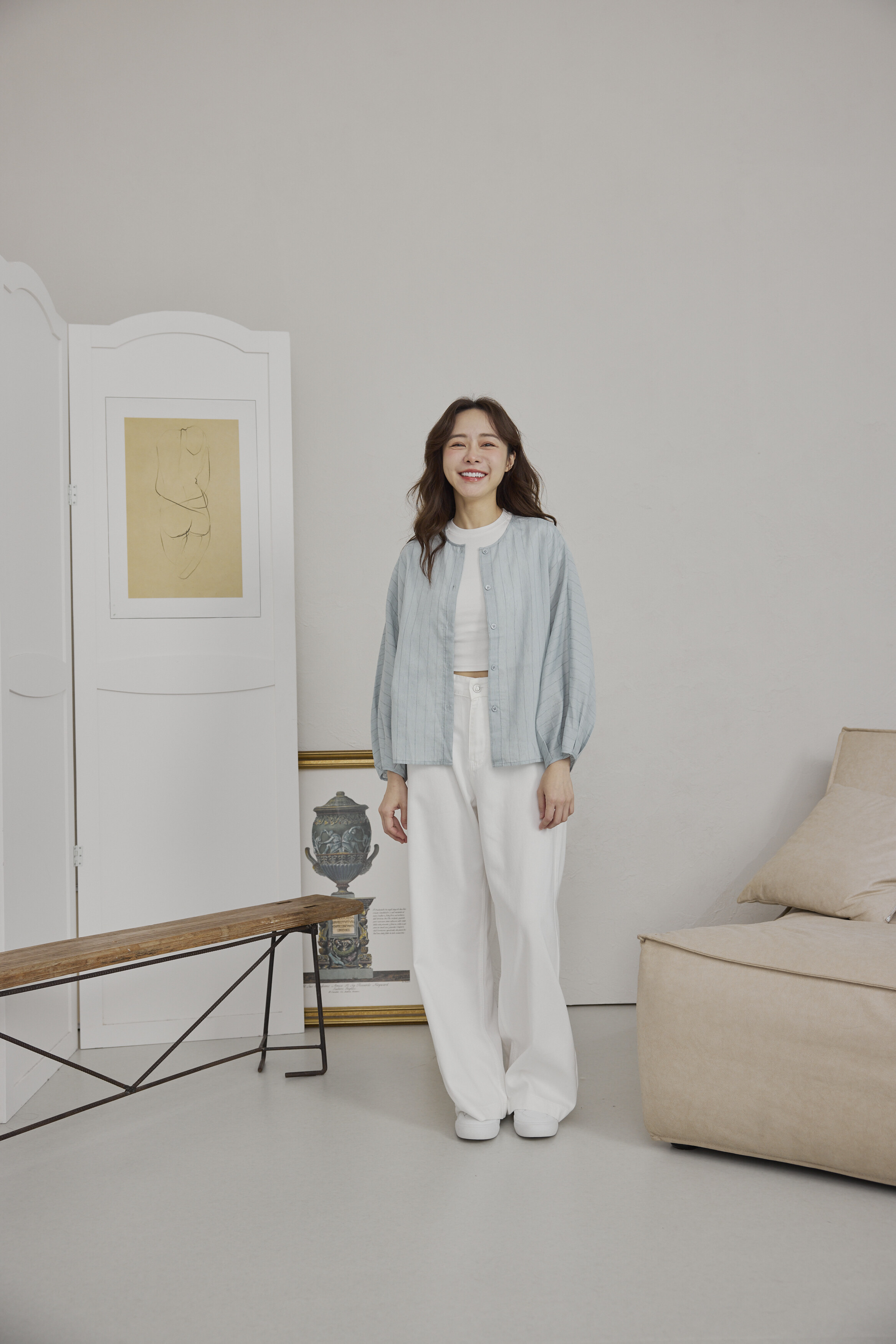 簡約條紋中山襯衫（湖水藍）