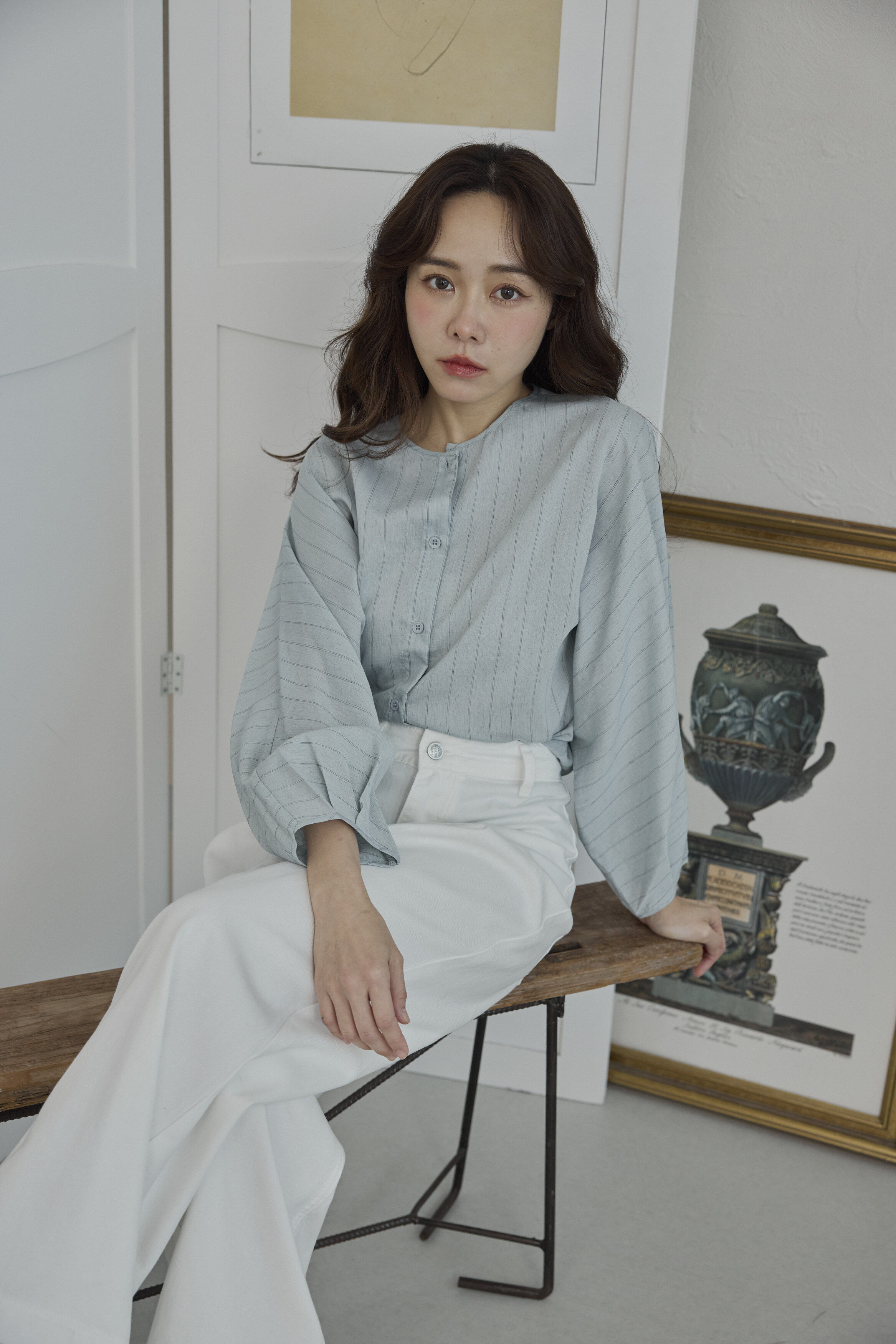 簡約條紋中山襯衫（湖水藍）