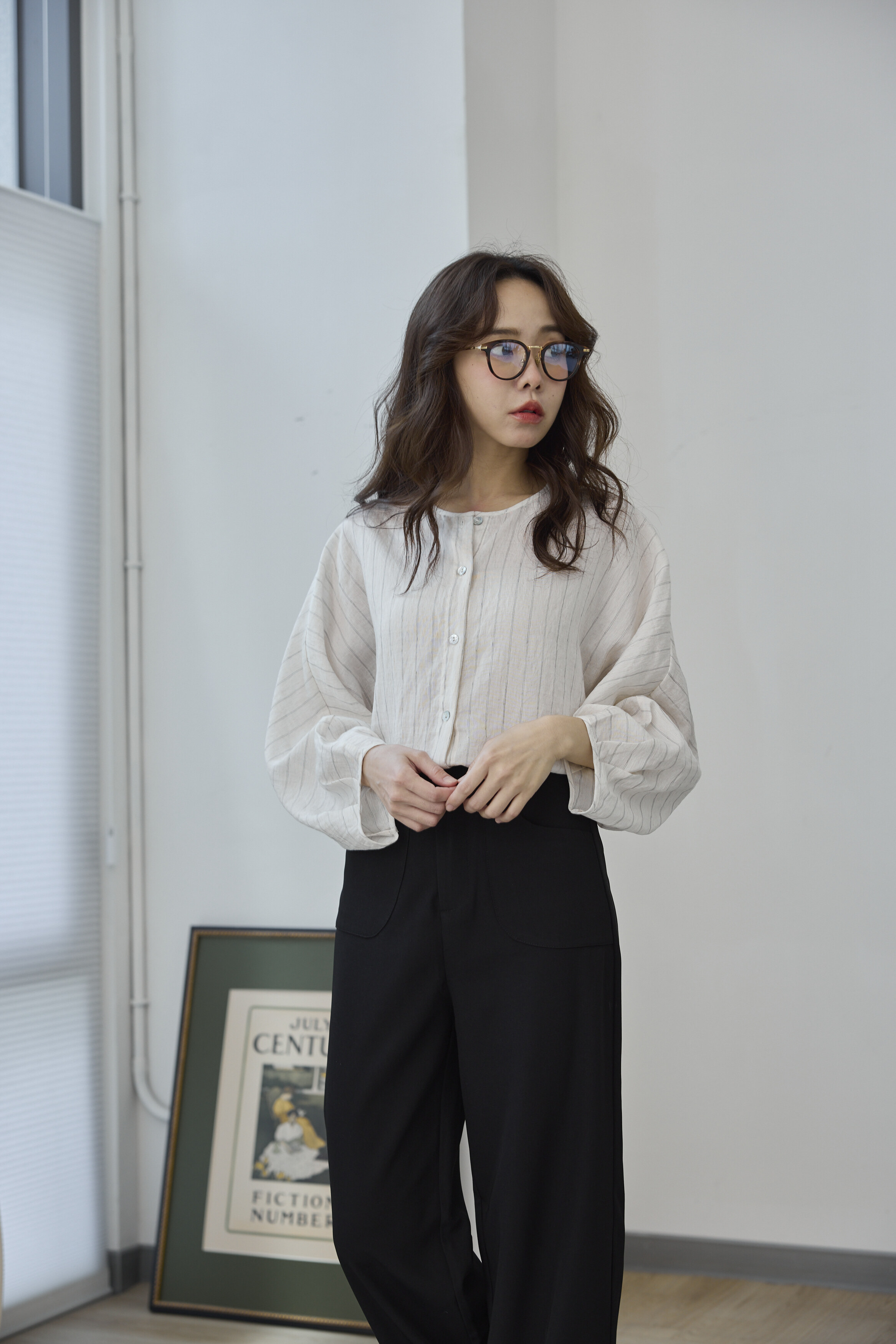 簡約條紋中山襯衫（奶油杏）