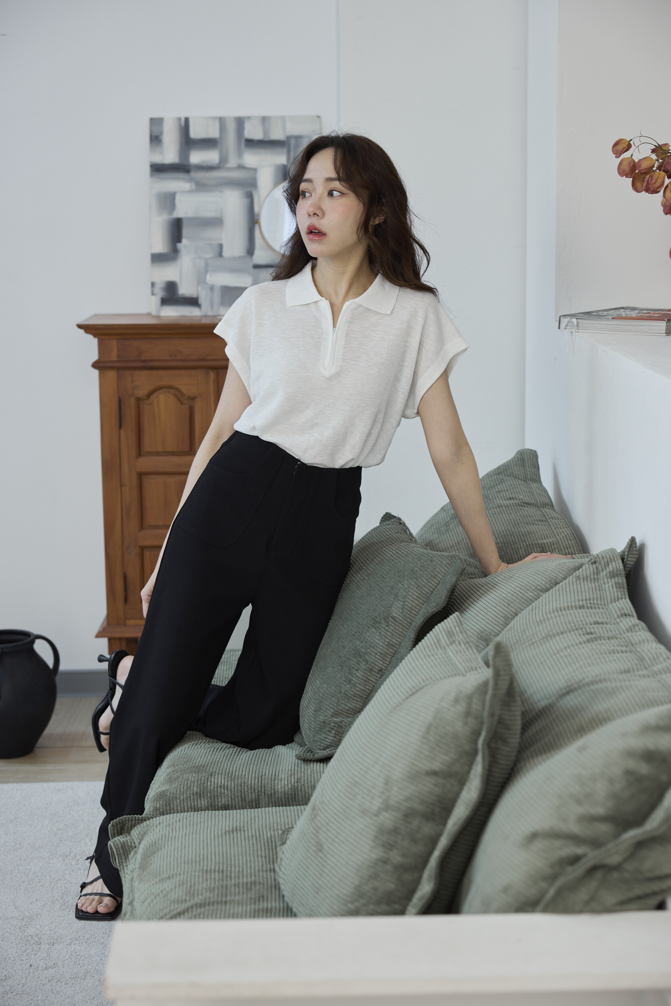 清新V領白色Polo針織