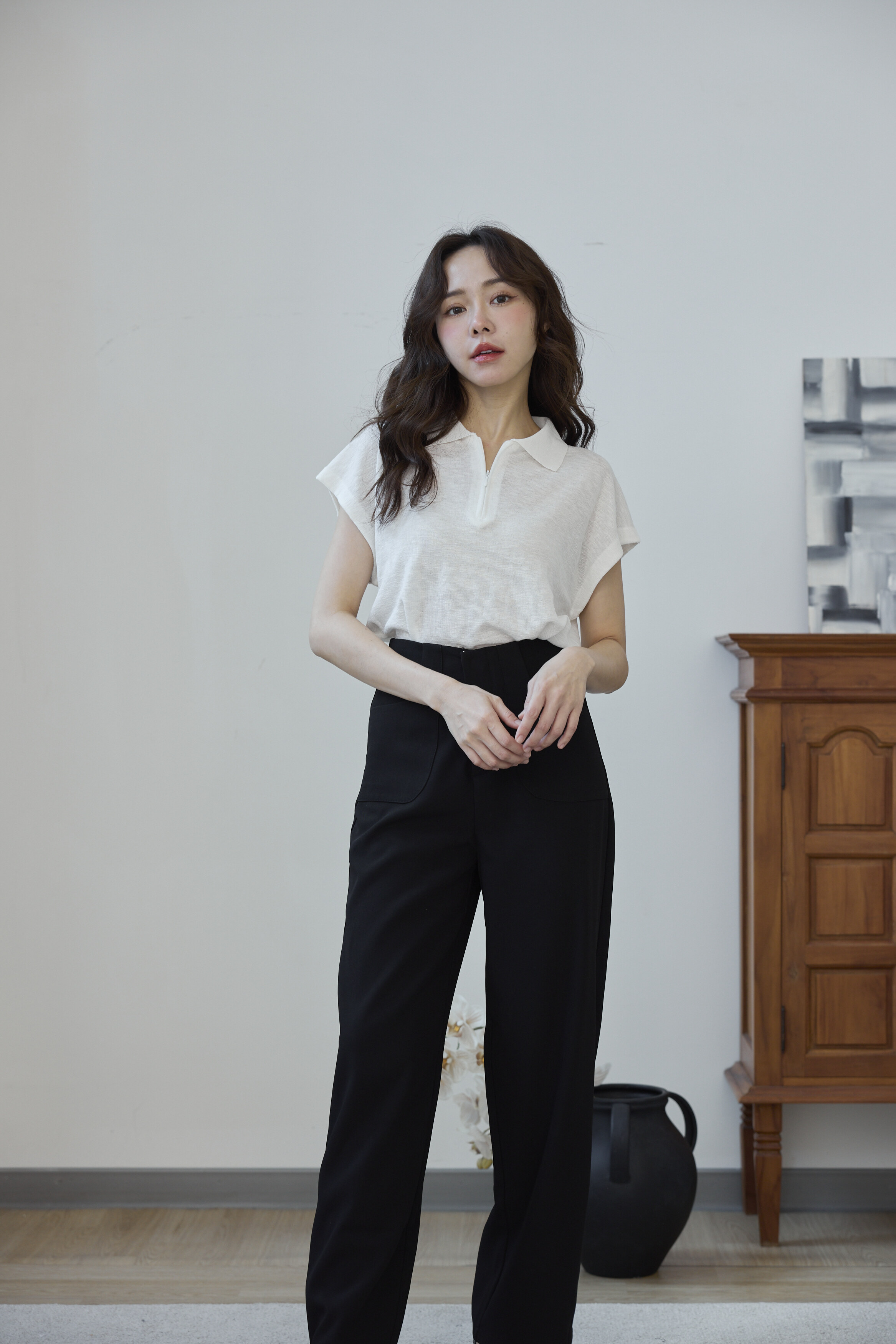 清新V領白色Polo針織